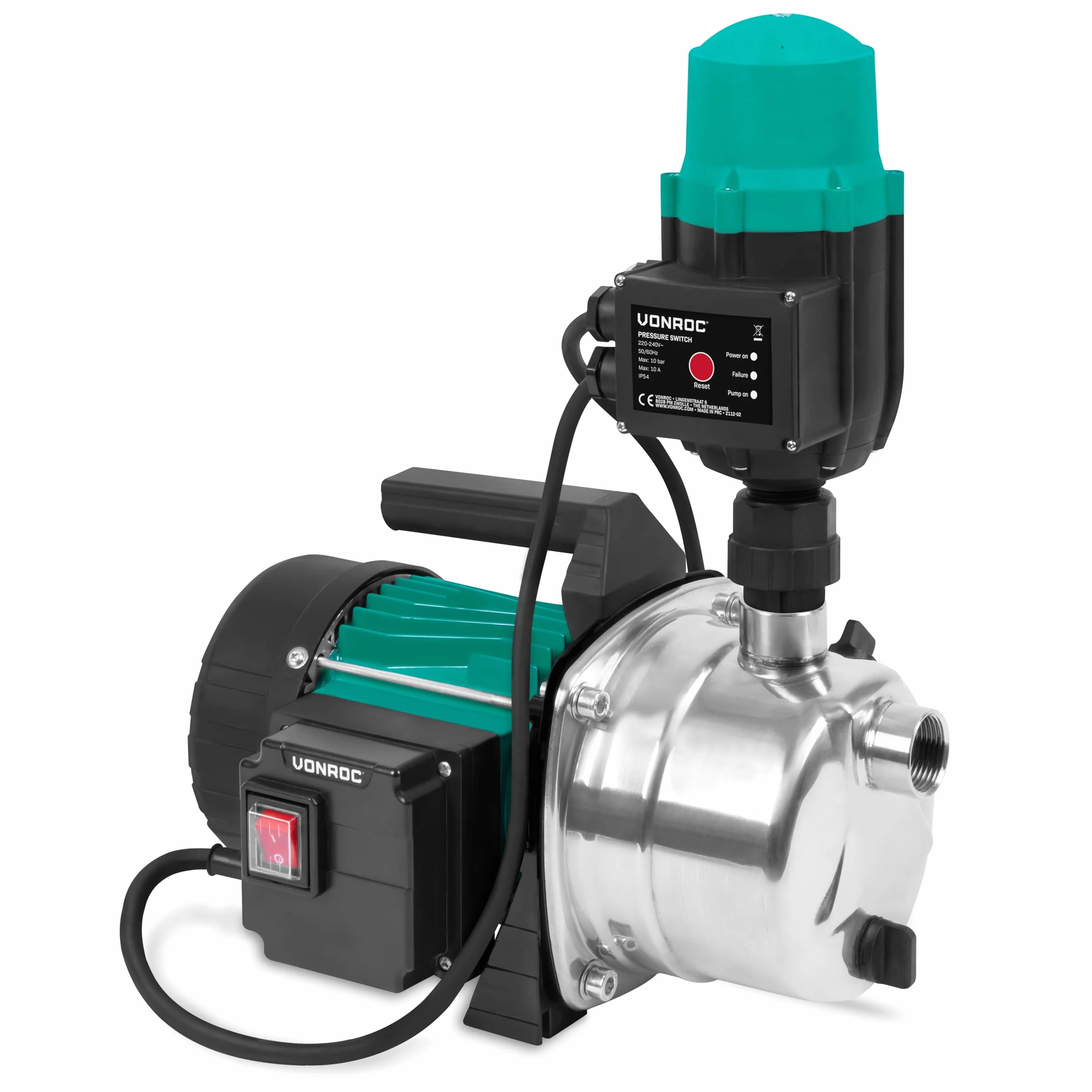 Vonroc Pompe à Eau Hydrophore 1000W 3500l/h 4,4bar Acier Inoxydable Réservoir 19L