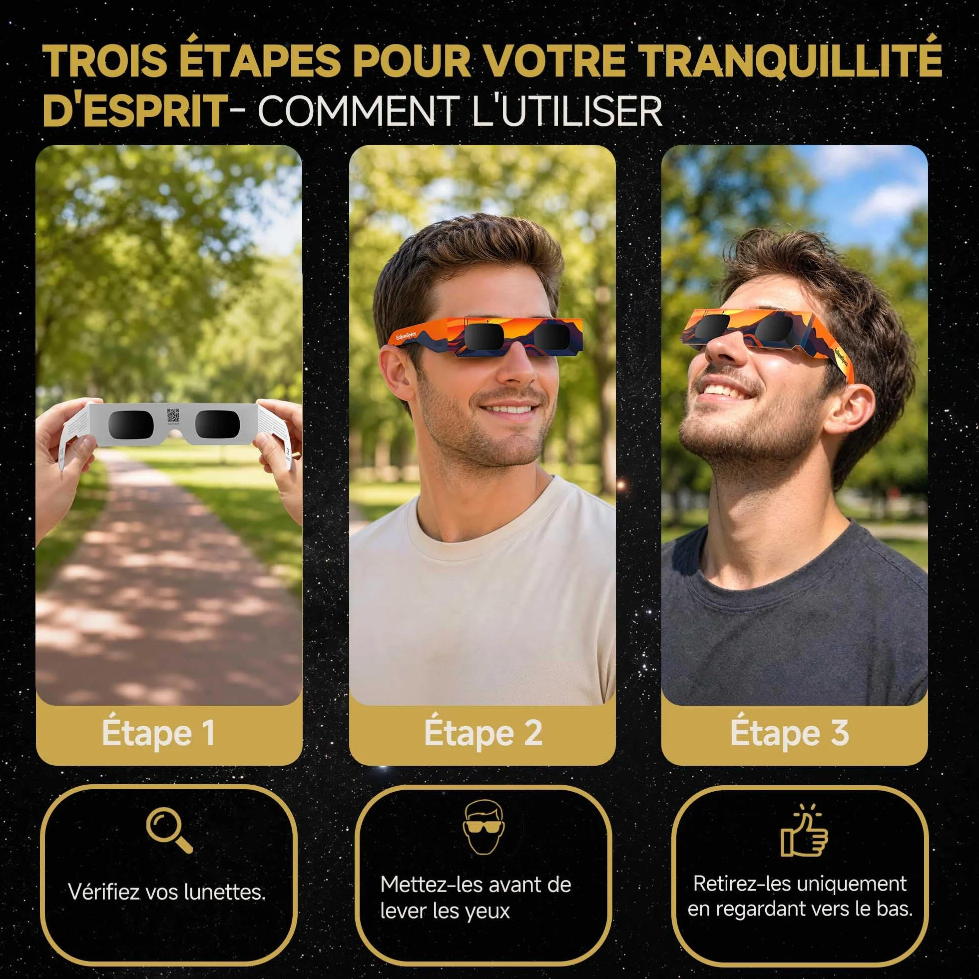 Lunette éclipse solaire [Lot de 3] - Homologuées ISO 12312-2 CE - Observation directe éclipse 2026