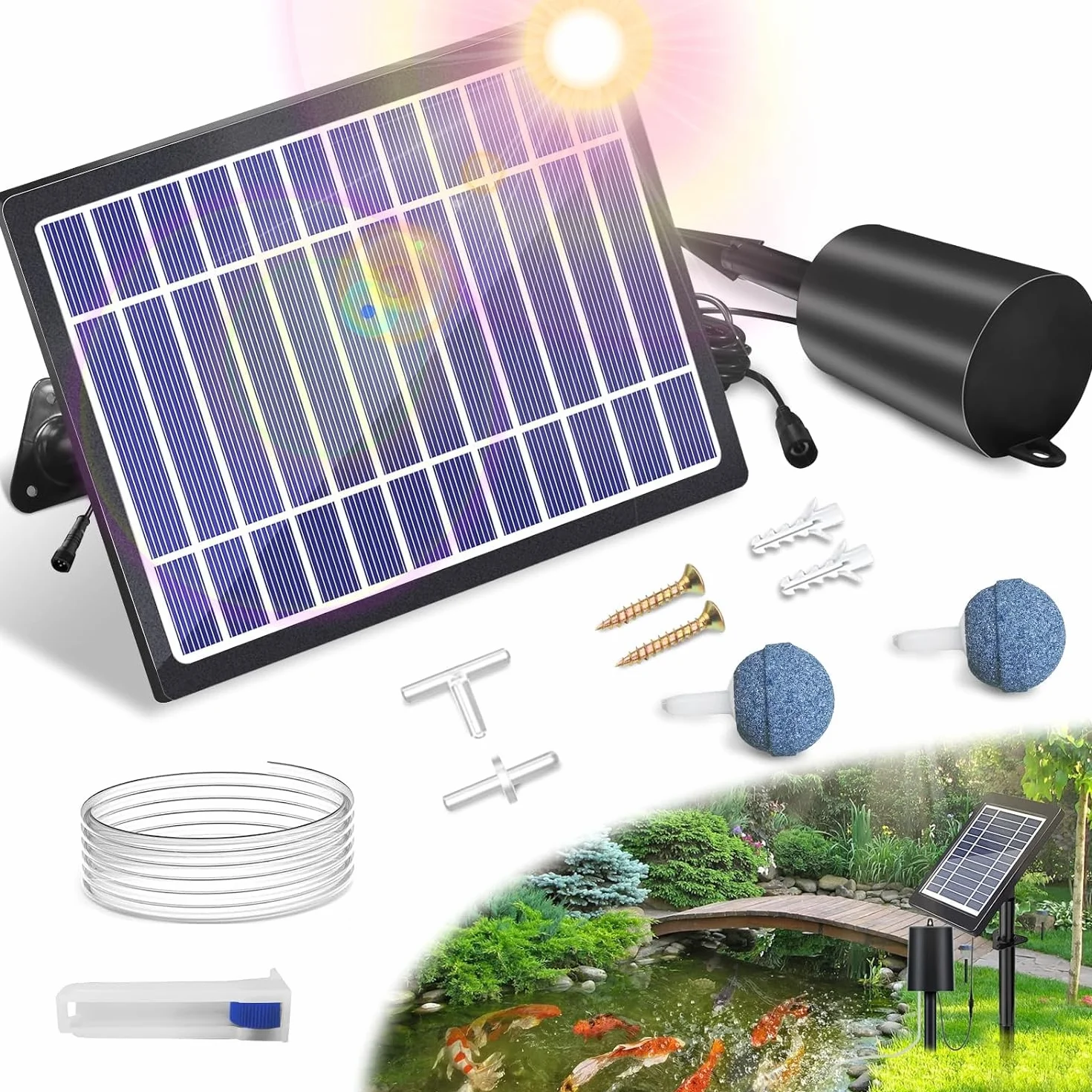 Aérateur Solaire de Bassin 4W 2200mAh 3 Modes 18H/36H/72H avec Pompe à Air Régulateur de Bulles