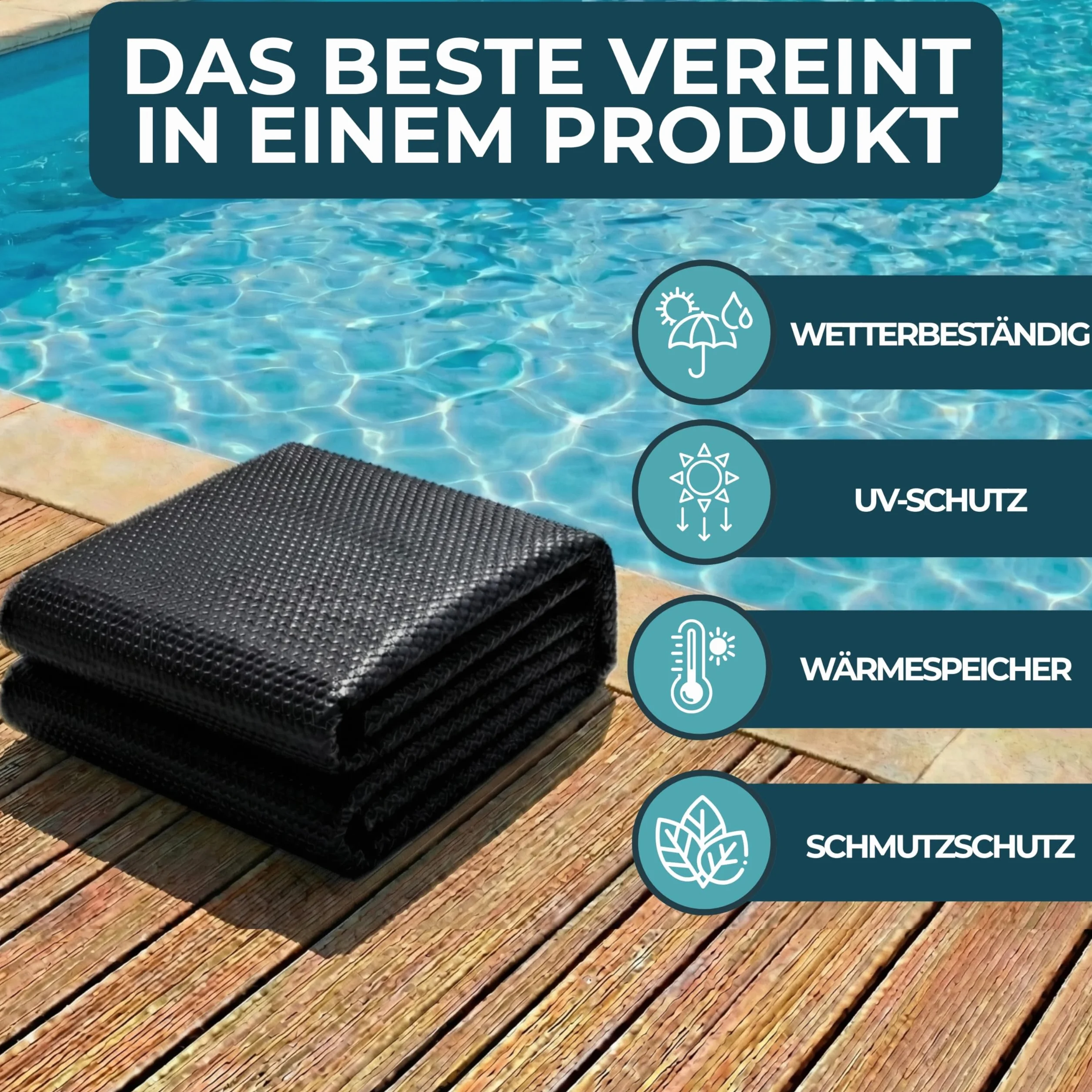 Bâche solaire pour piscine Ø 488 cm ronde noire 180 µm isolante thermique robuste