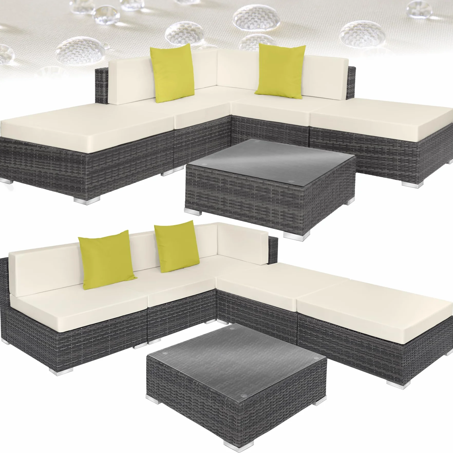 tectake® Ensemble Salon de Jardin Exterieur XXL en Poly Rotin Modulable Canapé 5 Places 3 Fauteuil Salon 2 Tabouret Pouf et 1 Table de Jardin, Mobilier de Jardin pour Amenagement Balcon Terrasse