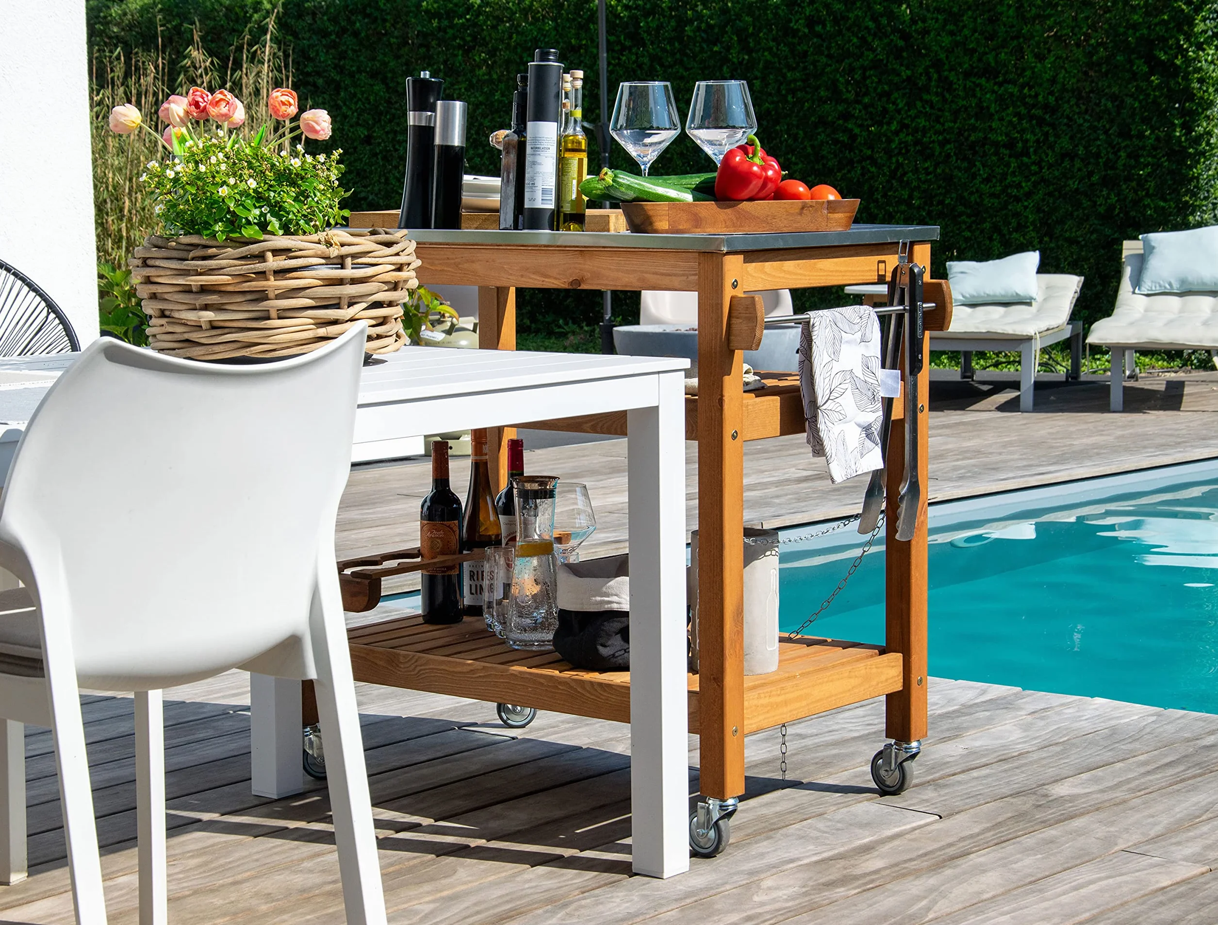 dobar Desserte à roulettes d'extérieur Plateau Acier Inoxydable 94 x 58 x 90 cm Pin Marron