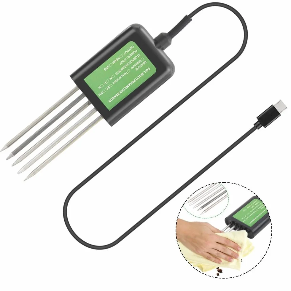 Testeur de sol 7-en-1, mètre d'analyse de sol numérique USB pour la mesure de la température, du pH, du NPK et de l'humidité, compatible avec l'application Android, câble de 1,5 m