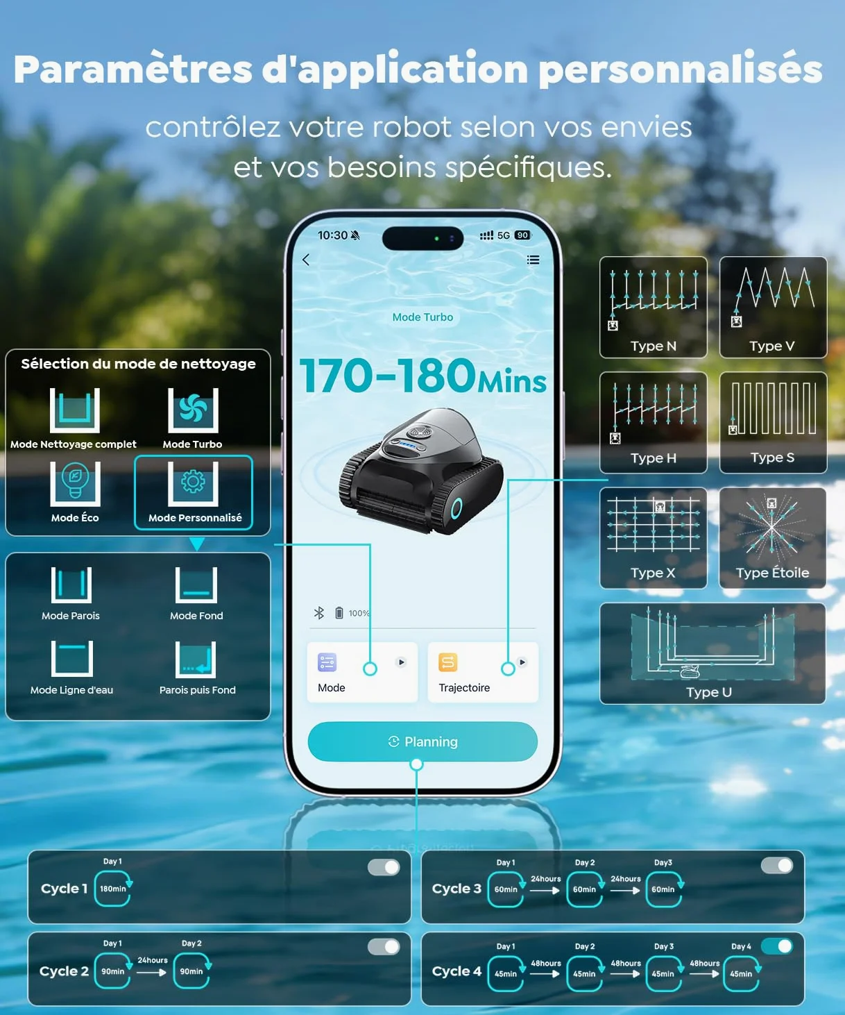 C1 Robot de Piscine Fond et Parois, Double Filtre, Robot Piscine sans Fil, 7 Modes Nettoyage, 170-180 Min d'Autonomie, Puissant Aspirateur pour Piscines jusqu'à 150 m², Gris mica