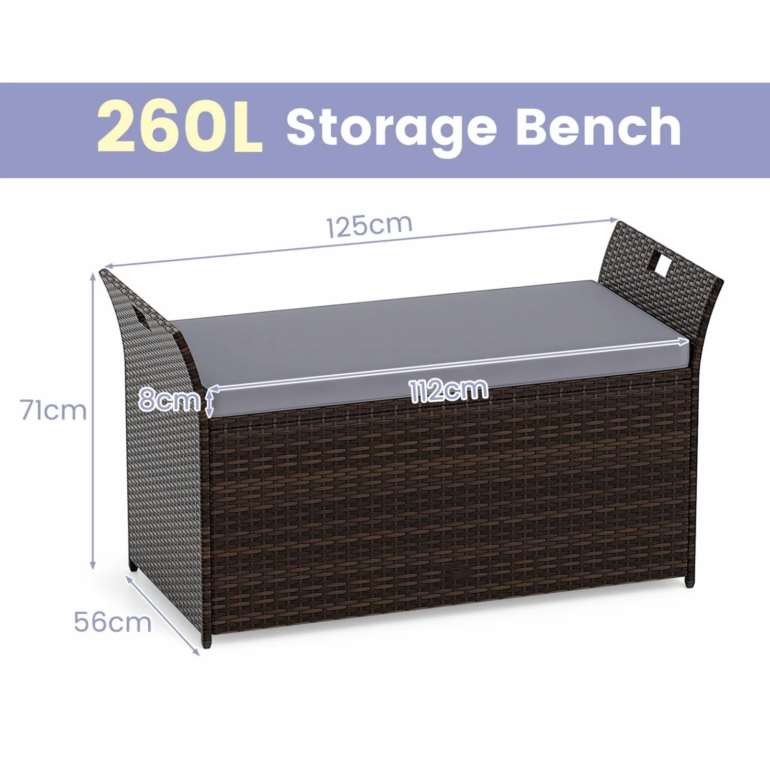 LIFEZEAL Banc Coffre de Rangement en Rotin PE 260 L avec Coussin Amovible et Poignées Latérales