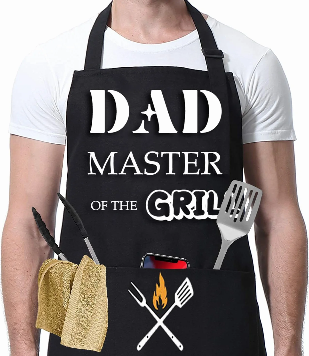 Tablier de Cuisine Homme, Tablier Barbecue de Papa, Noir Imperméable Tabliers avec 2 Poches, Chef Tabliers pour Barbecue Fête, Cadeaux pour Hommes Papa Mari Copain Grand-père