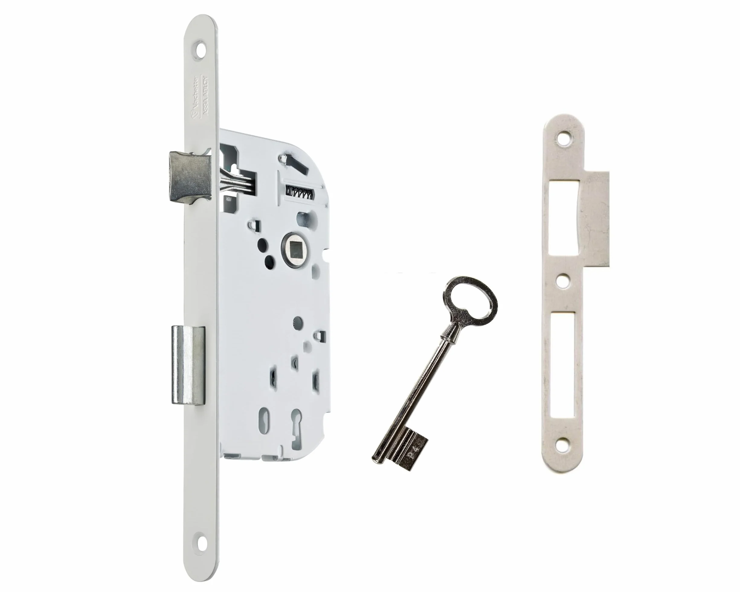 Vachette Serrure à Encastrer à clé Axe 40 mm Coffre 135 mm Réversible sans démontage Têtière bouts ronds Porte intérieure Blanc Gâche et Clé inclus