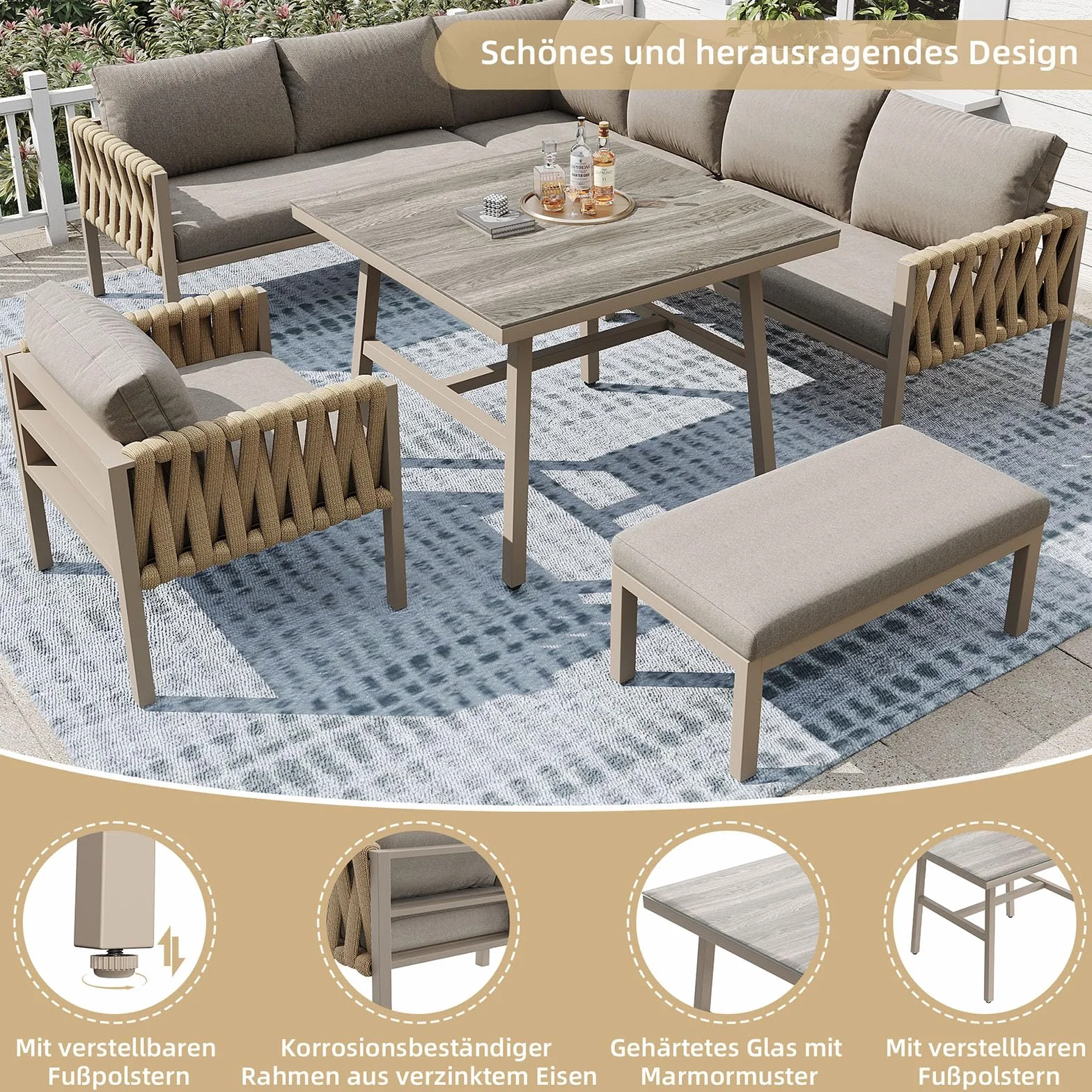 Ensemble de mobilier de Jardin 7 Places, 7 sièges, 1 Table Basse, rotin PE, Tubes en Acier galvanisé, Verre trempé, Coussins d'assise déhoussables et lavables (6-10 Seats-O)