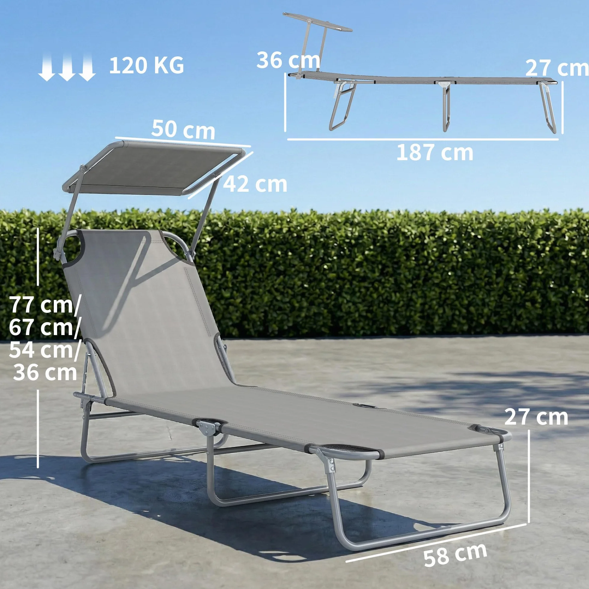 Outsunny Chaise Longue Pliante Transat Bain de Soleil 187x58x36 cm Gris Clair