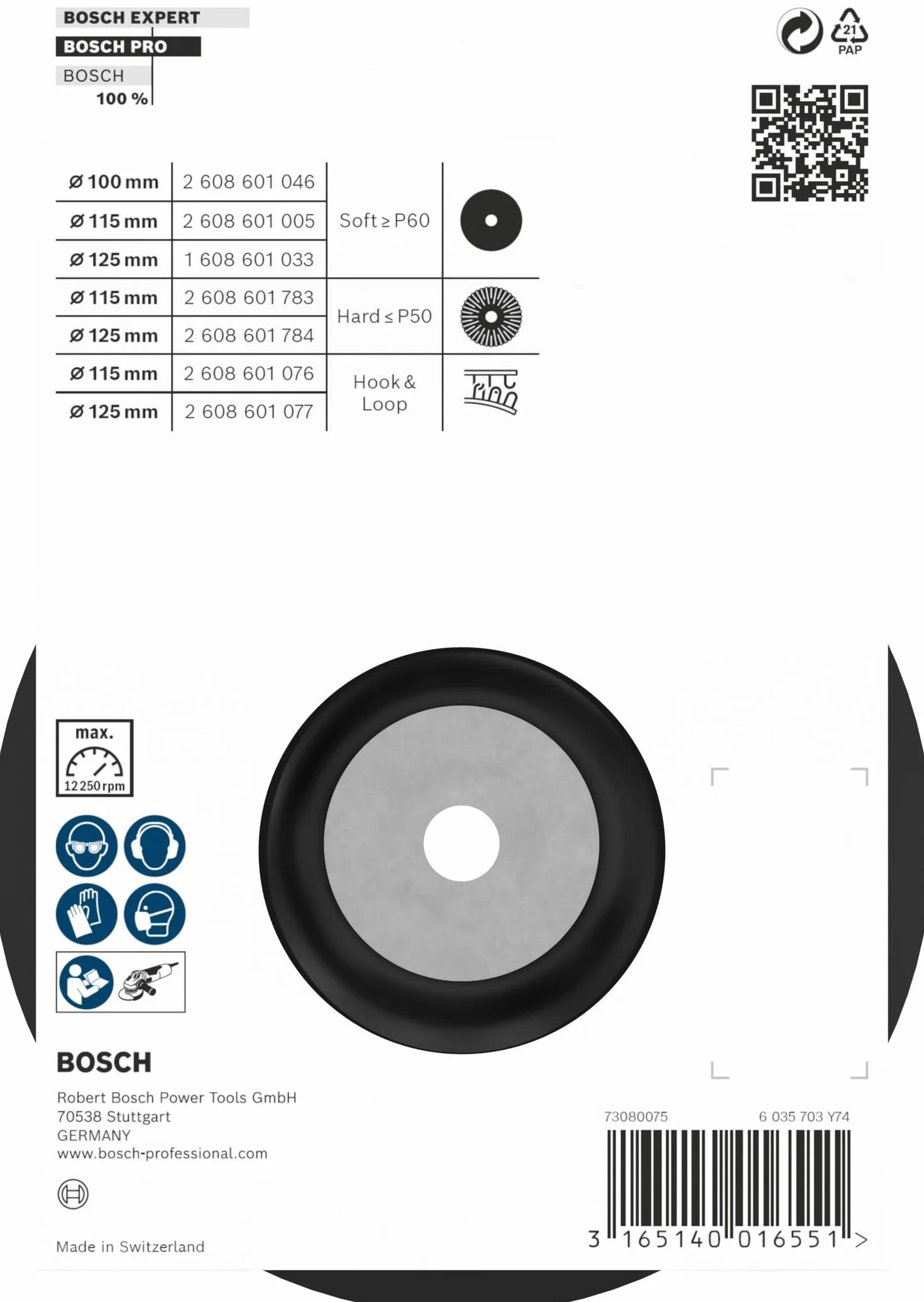 Bosch Plateau de ponçage 125 mm 12200 tours par minute Gris