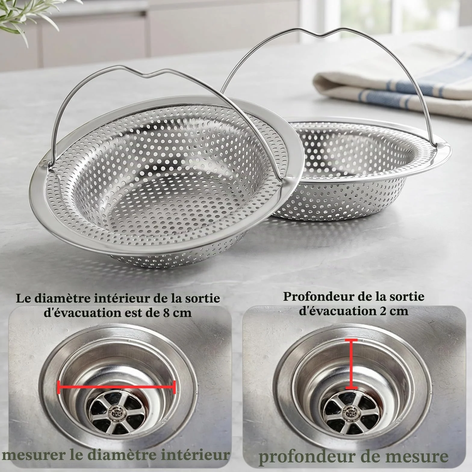 Filtre Évier Cuisine Acier Inoxydable 11cm 8cm 2cm Grille Passoire avec Poignée