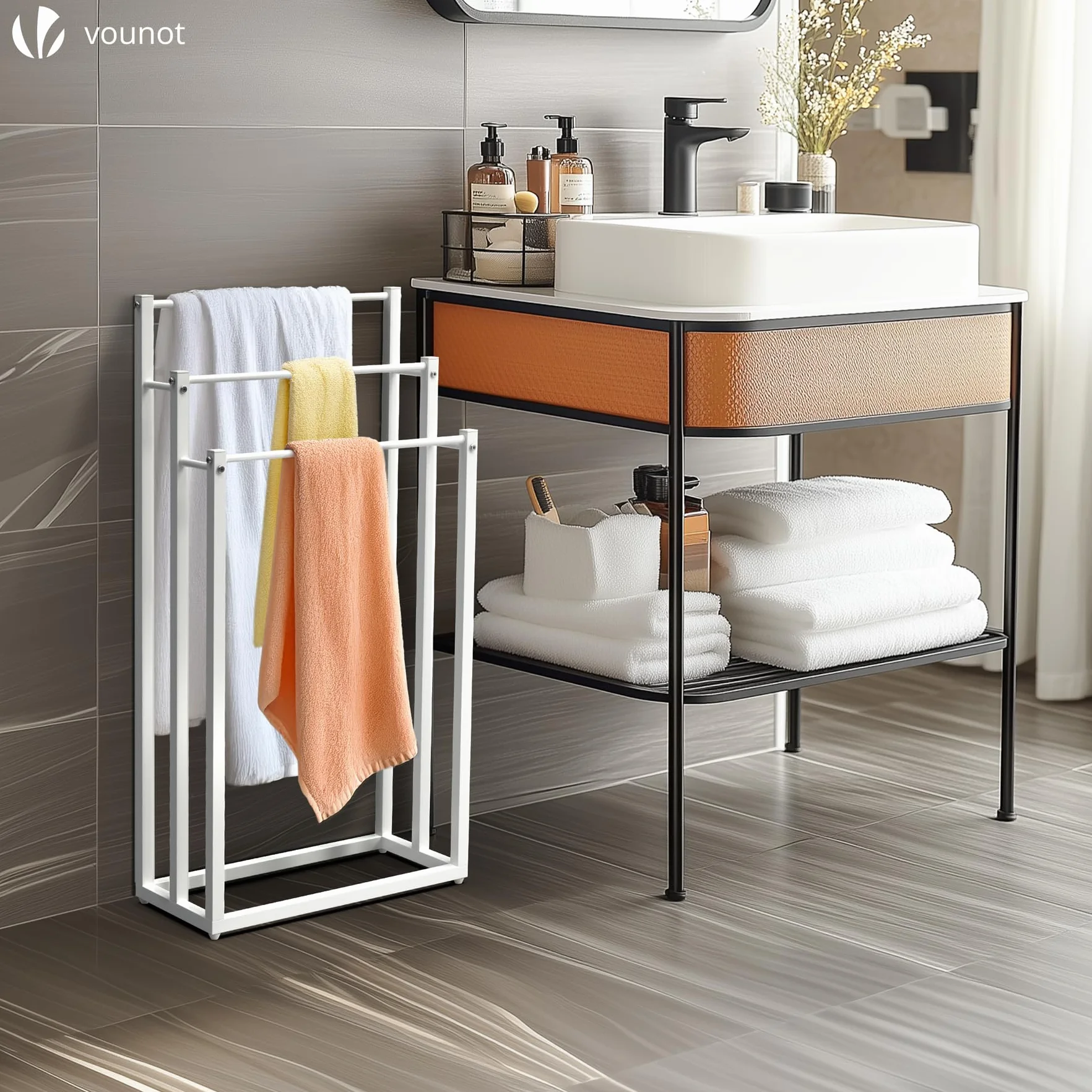 VOUNOT Porte-Serviettes autoportant 3 Niveaux en Métal Blanc pour Salle de Bain