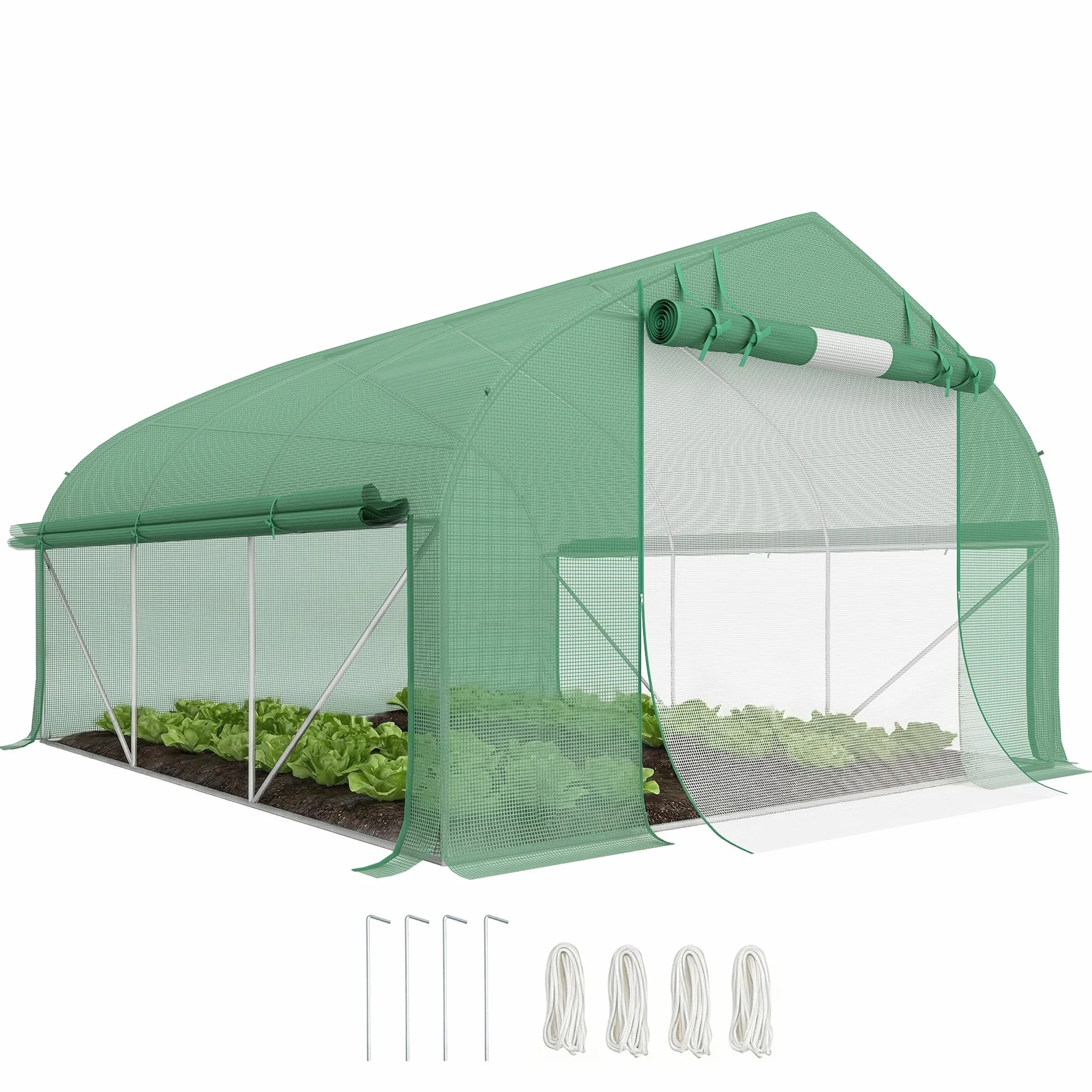 Outsunny Serre de Jardin Tunnel, 10,4 m², Anti-UV, Porte zippée Enroulable, fenêtres en Maille, Tube d'acier galvanisé et PE 140g/㎡, 350 x 300 x 200 cm, Vert