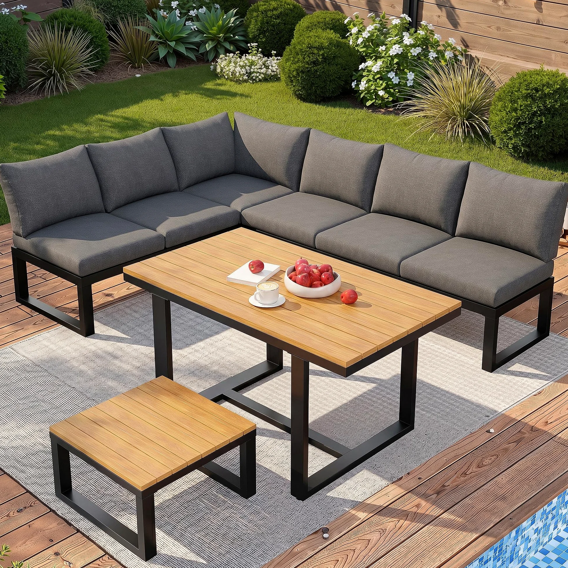 Sapgaks Ensemble de Salon de Jardin extérieur pour 6 Personnes avec Dossier réglable,canapé d'angle avec Table et Table Basse,Structure en Acier résistant aux intempéries (Gris-11)