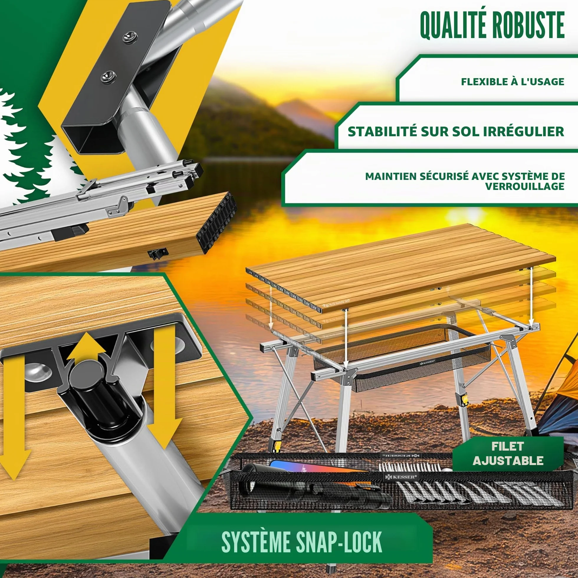 KESSER Table de camping pliable aluminium 120x70 cm réglable 100 kg avec sac de transport