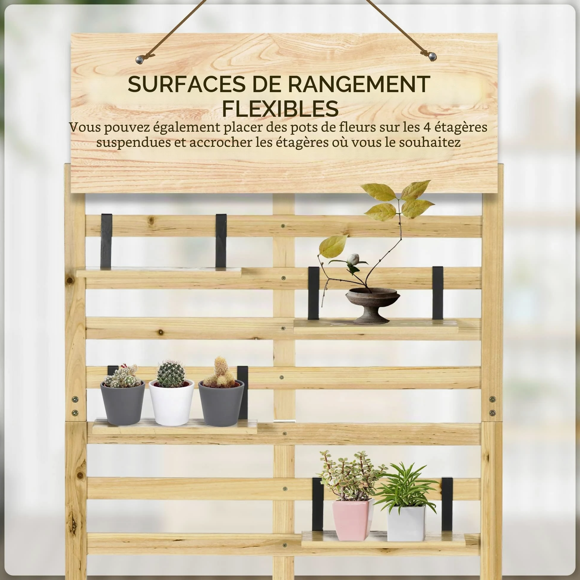 Outsunny Boîte de rangement, coffre de rangement avec treillis, boîte de rangement avec étagères, coffre de jardin, boîte à coussins, en bois massif, naturel, 80 x 45 x 160 cm
