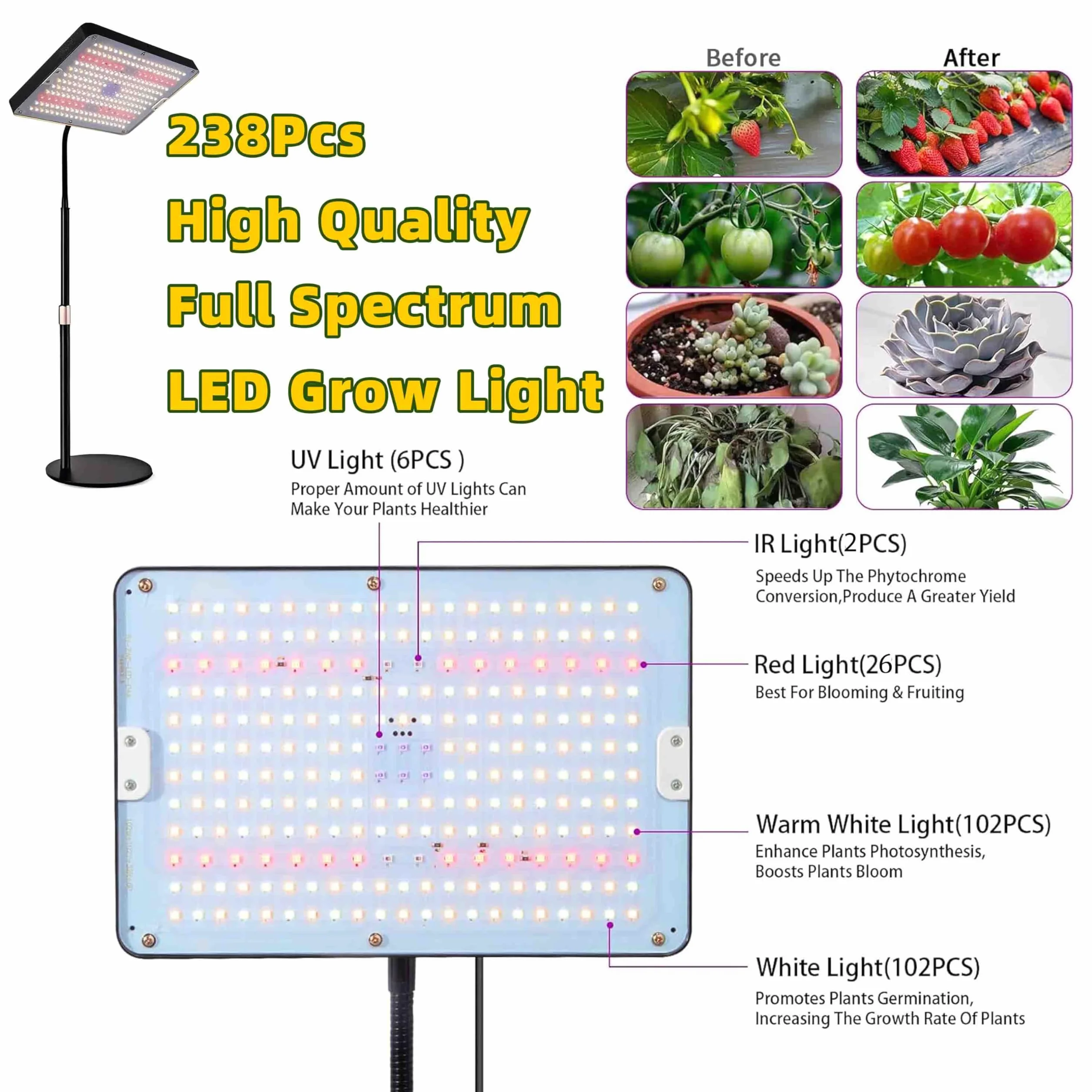 Lampe Horticole LED Spectre Complet Dimmable avec Minuterie 4/8/12H, 10 Luminosité, 3 Modes pour Plantes d'Intérieur