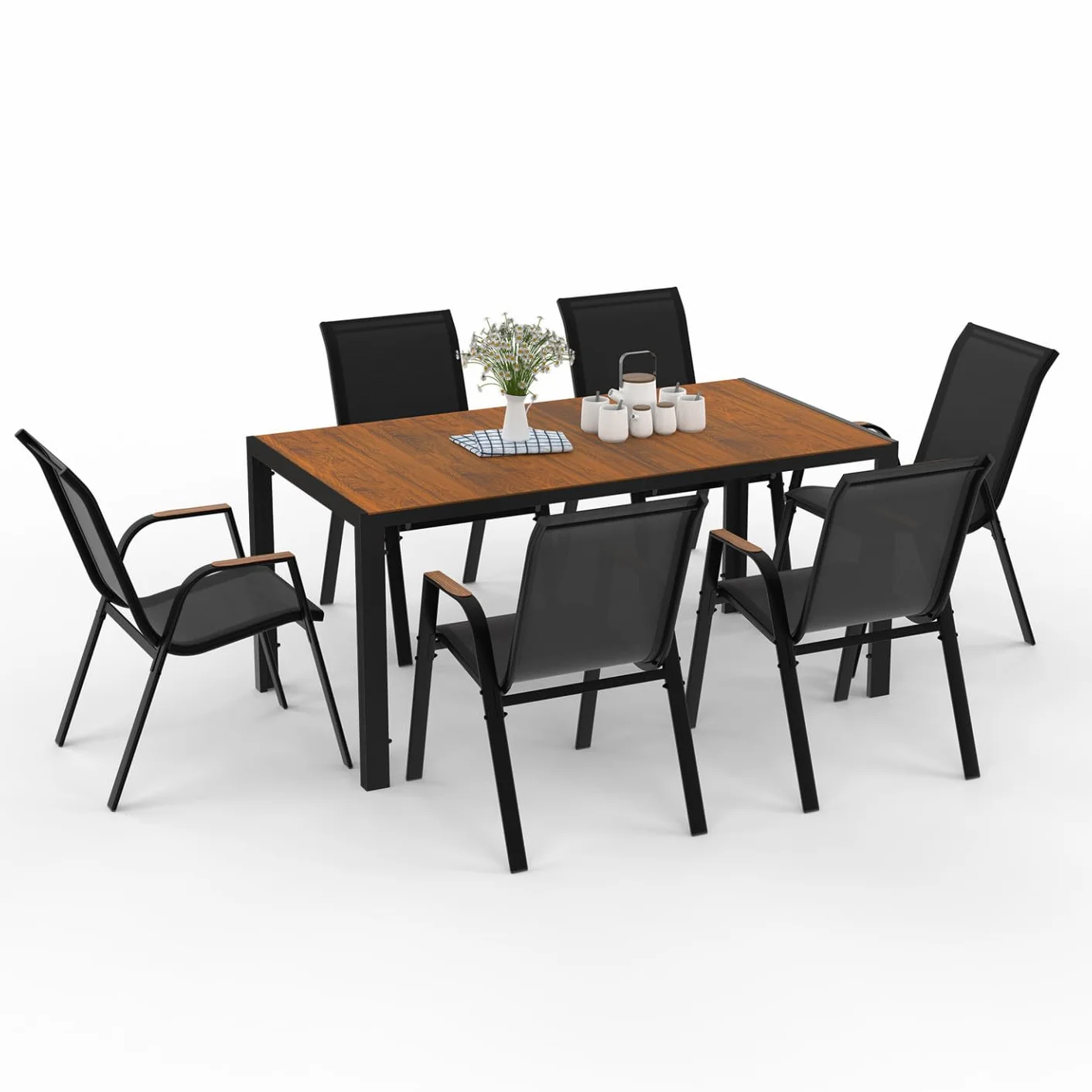 IDMarket - Salon de Jardin NOUMEA Table 150 cm Plateau Verre trempé Effet Bois et 6 chaises empilables Noir et Bois