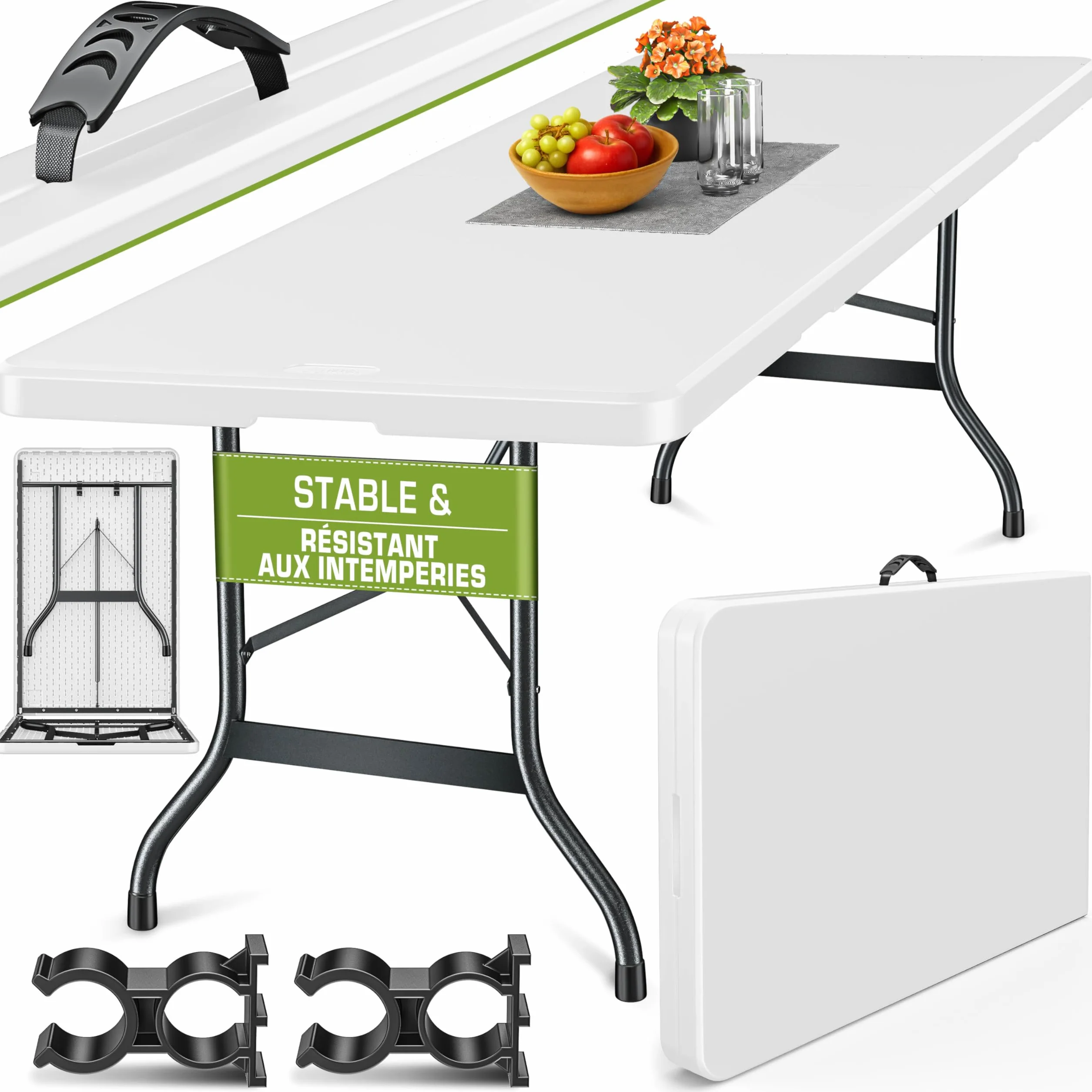 Tillvex Table de Jardin Pliante en Plastique 180x75 cm avec Poignée 8 Personnes