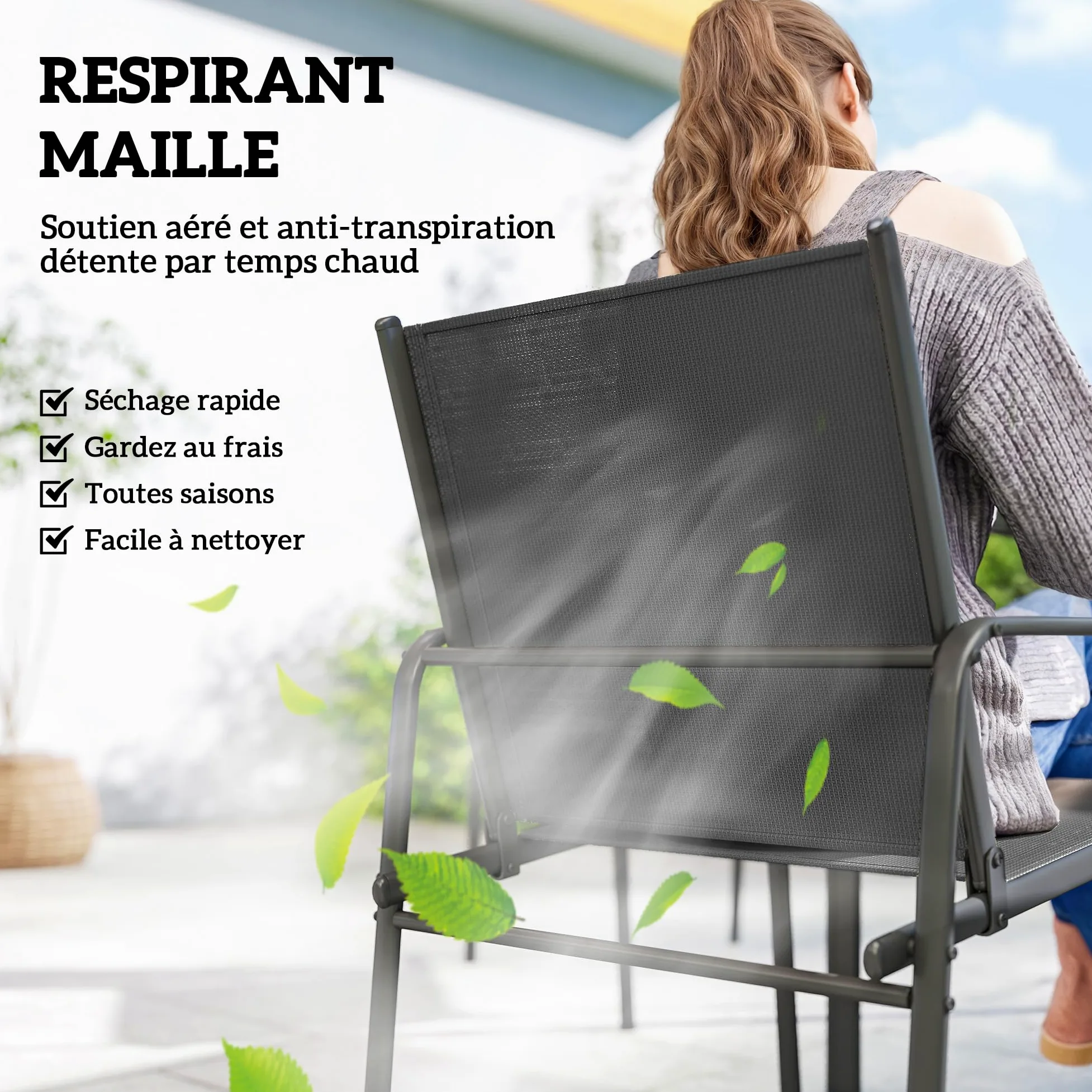 Outsunny Ensemble de Salle à Manger Extérieur 7 Pièces pour 6 Personnes, Table de Patio Effet Bois et Chaises avec Assise en Maille Respirante, Mobilier de Jardin avec Cadre en Acier Galvanisé, Noir