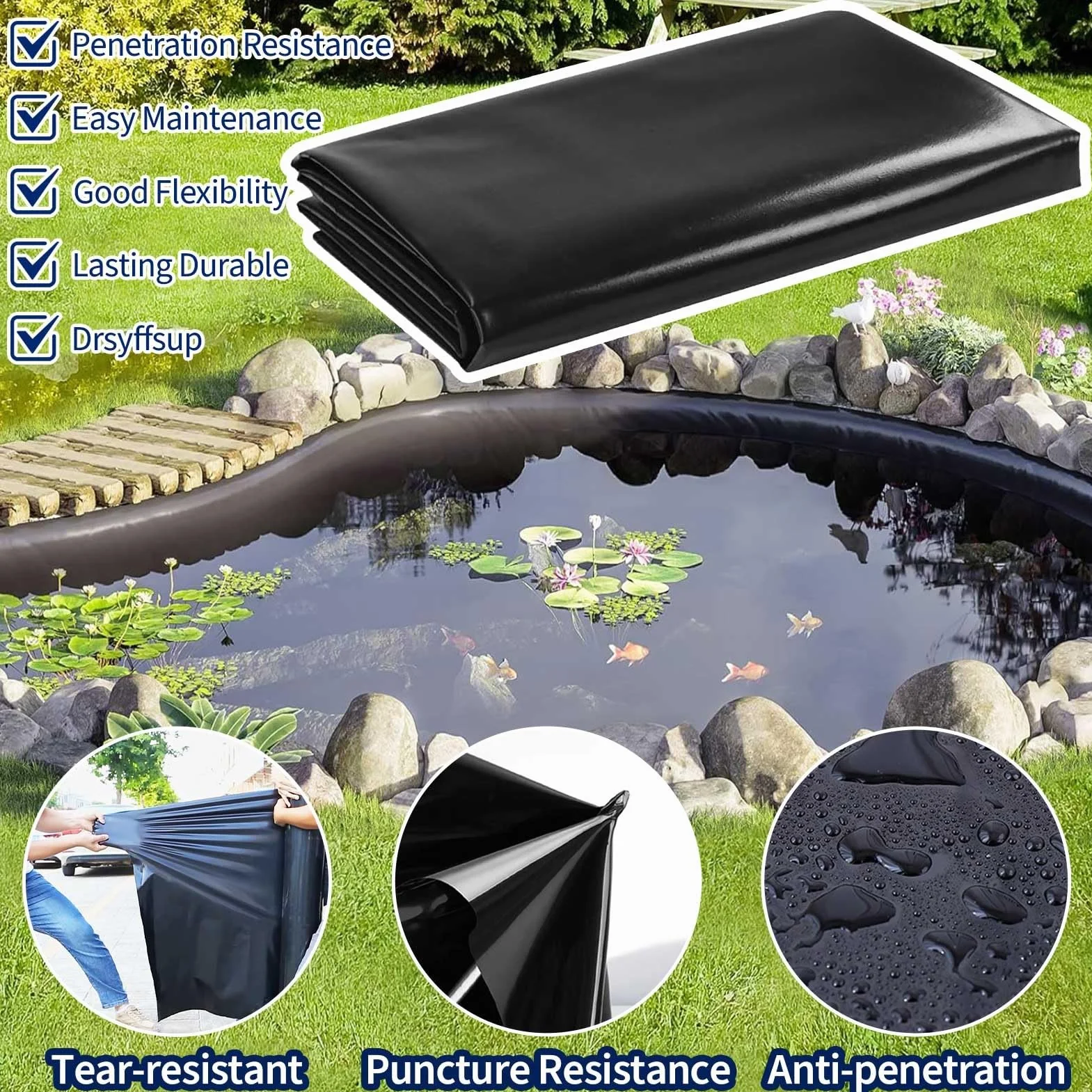 Bâche HDPE Revêtement de Bassin Noir 5x8m 6x10m 8x12m 10x15m Anti-Humidité Jardin Aquatique