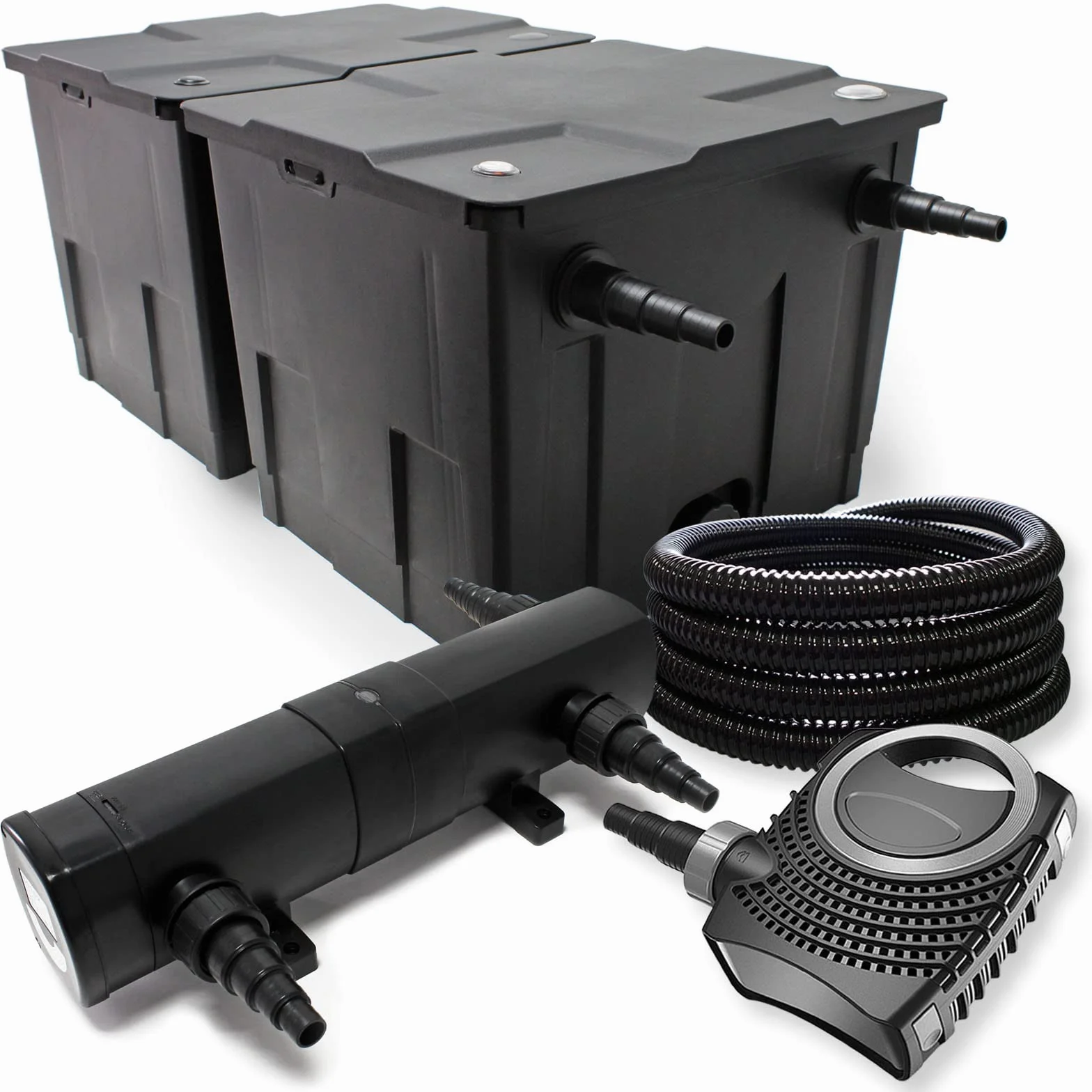 Wiltec Kit complet: CBF-350B Filtre de bassin jusqu'à 60000 L Biologique, NEO10000 SuperECO pompe de filtration 10000l/h 80W, CUV-236 lampe uv UVC Clarificateur avec 36W, 25m Tuyau 25 mm