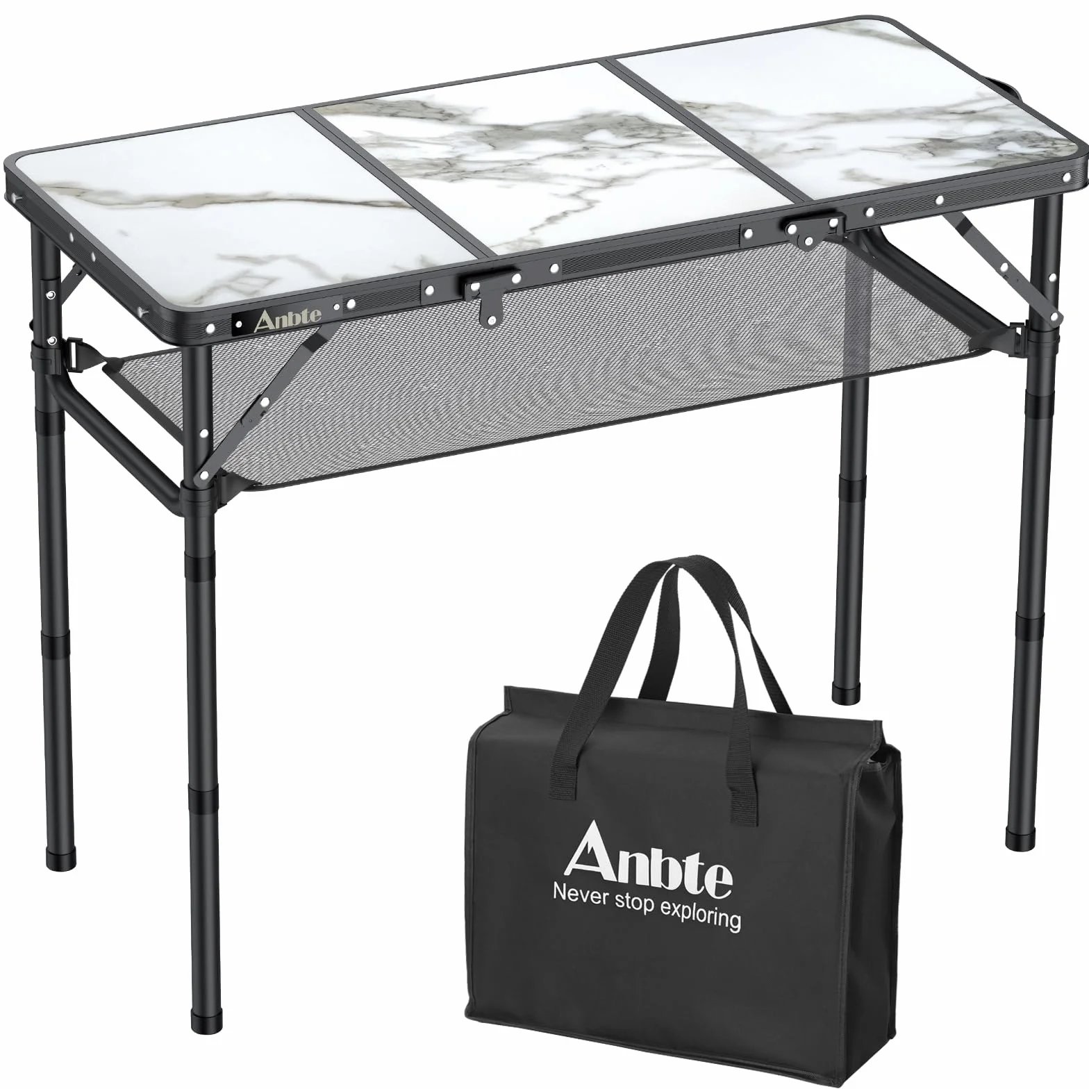 Anbte Table de Camping Pliante 4 Hauteurs Ajustables Portable avec Rangement Net