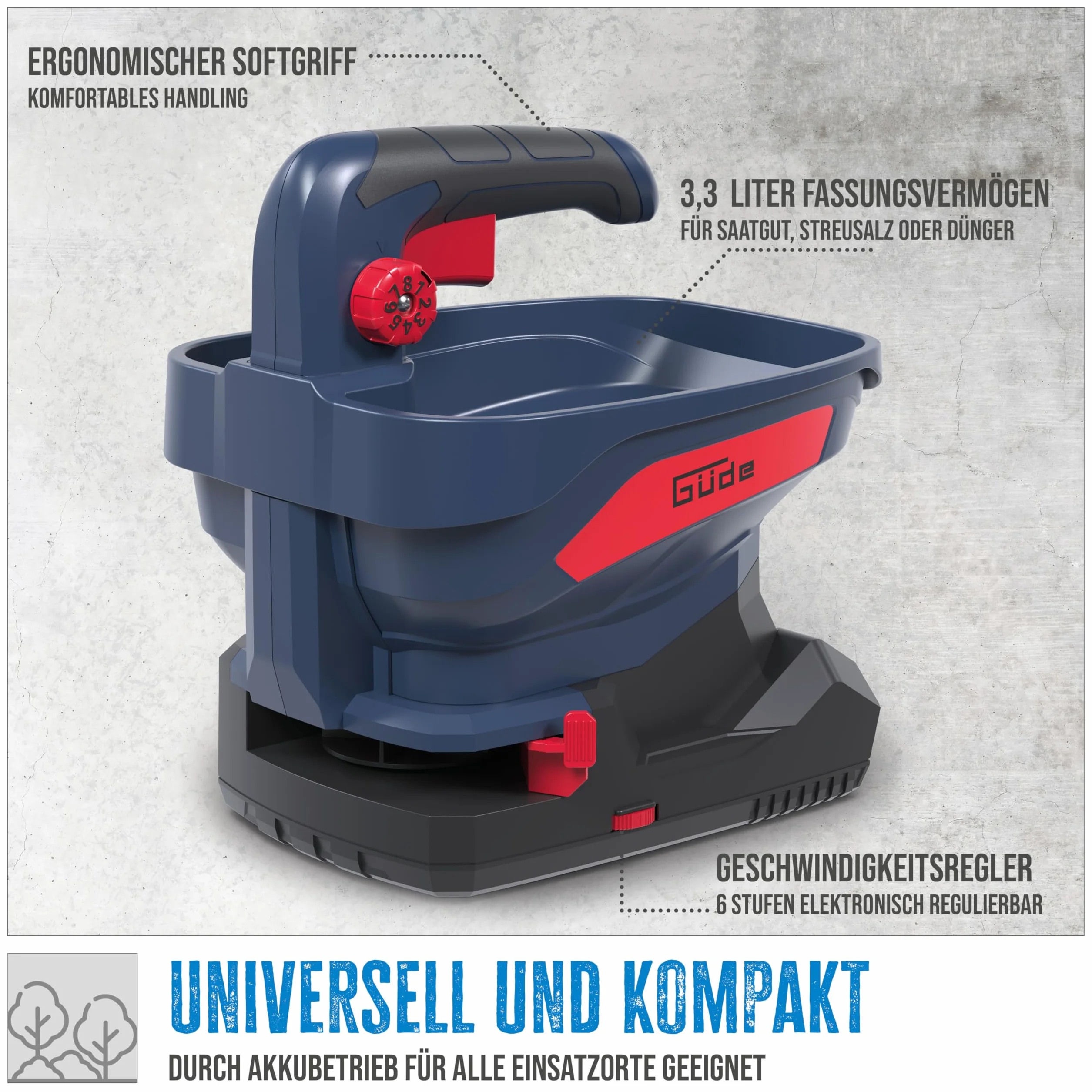 Güde Épandeur Universel sans Fil GUS 18-201-05 (18 V, Li-ION, Largeur d'épandage de 5 m, 6 Vitesses, 8 Modes d'épandage, 6 Angles d'épandage, capacité de 3,3 litres, avec Batterie 2 Ah et Chargeur)