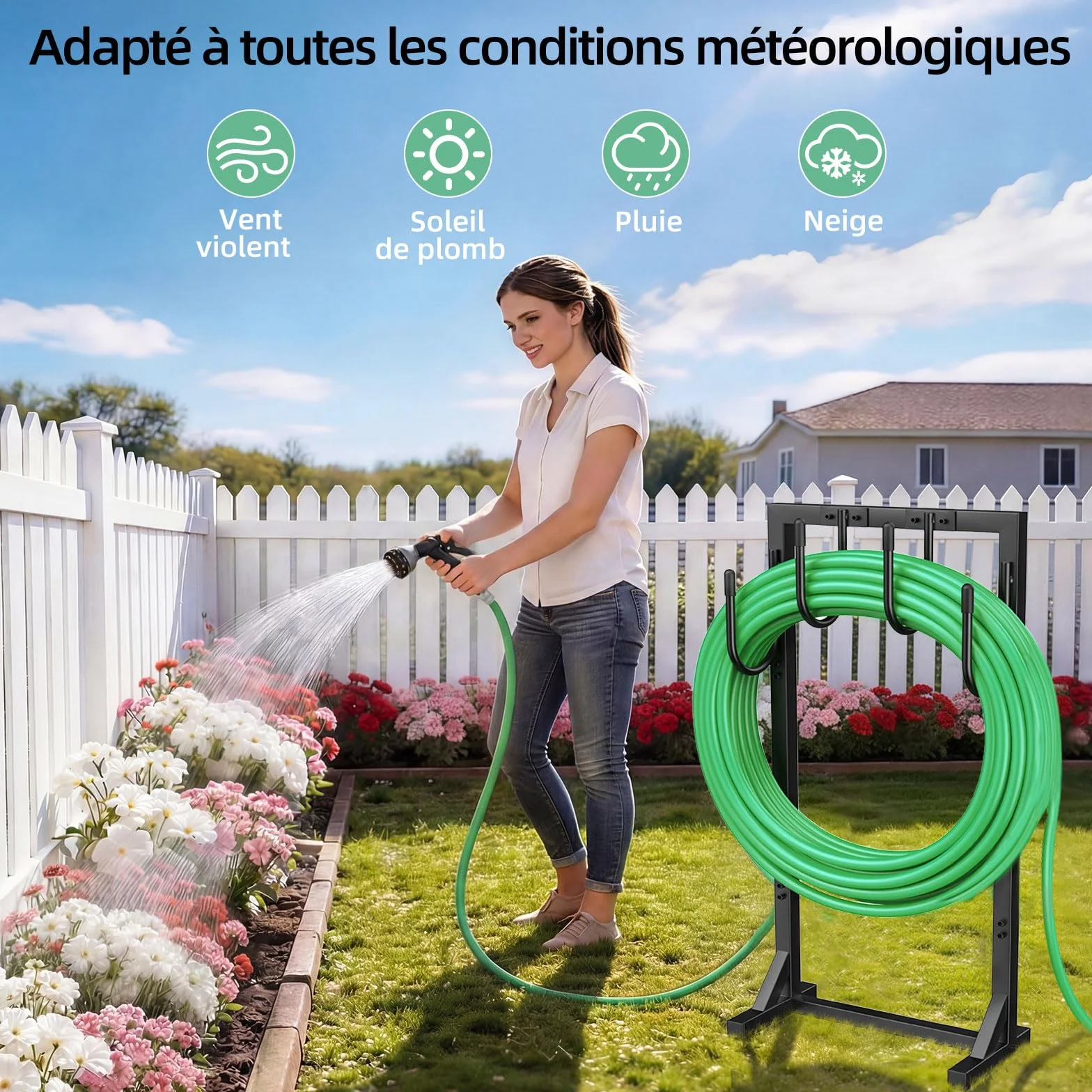 Support pour Tuyau d'arrosage 109,5 cm Enrouleur Métallique 45 mètres 4 Crochets Jardin