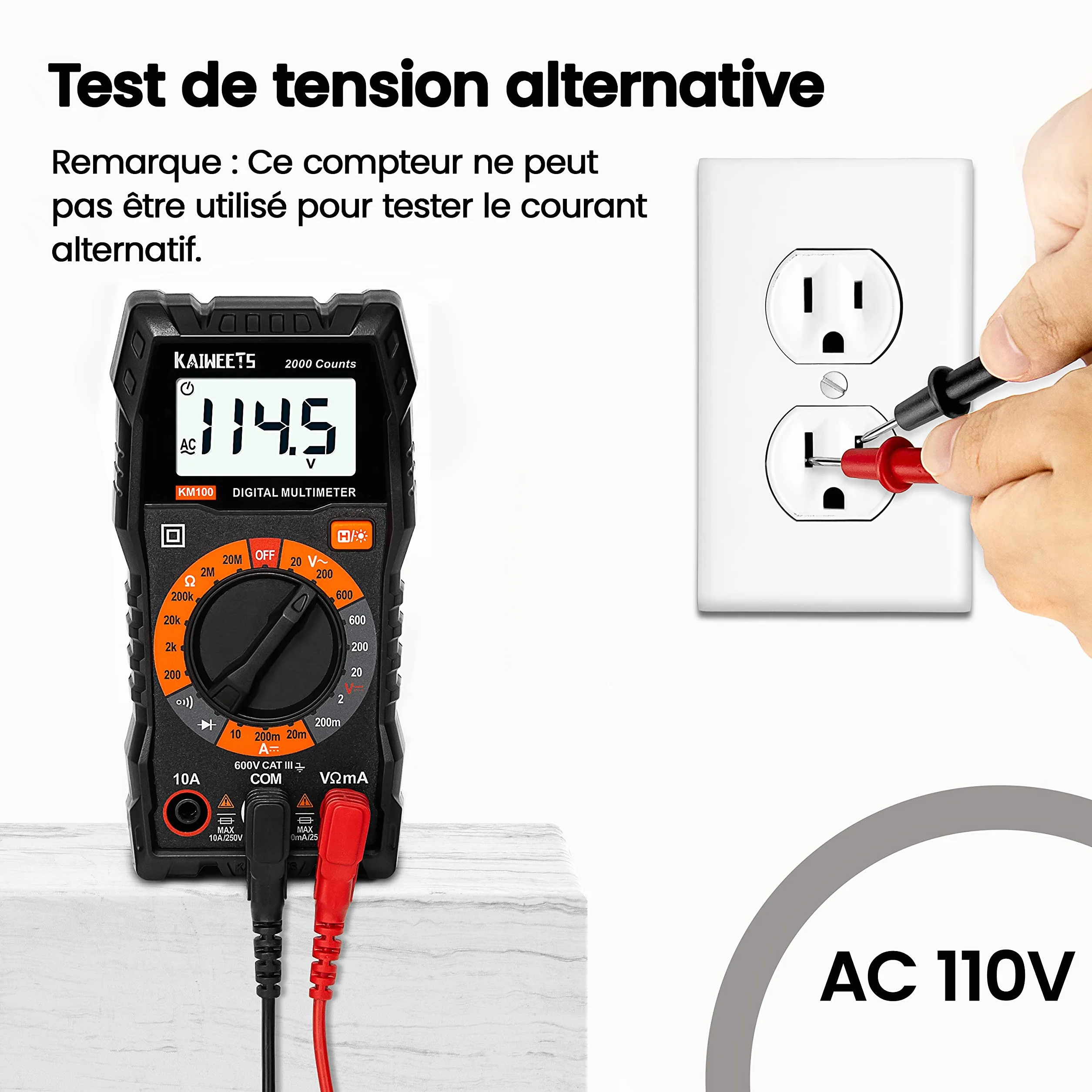 KAIWEETS Multimètre Numérique 2000 Comptes, Testeur Électrique Tension CA/CC Courant CC Résistance Continuité Diode