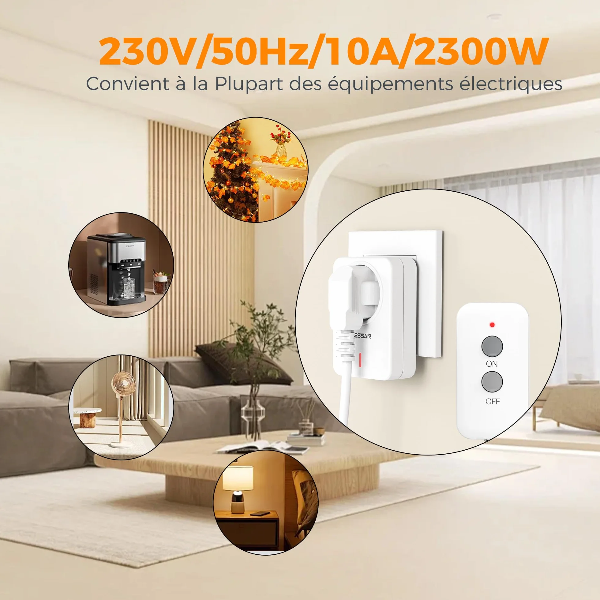 TESSAN Prise Télécommandée Sans Fil 30M 2300W Interrupteur pour Lampe Électroménager Intérieur