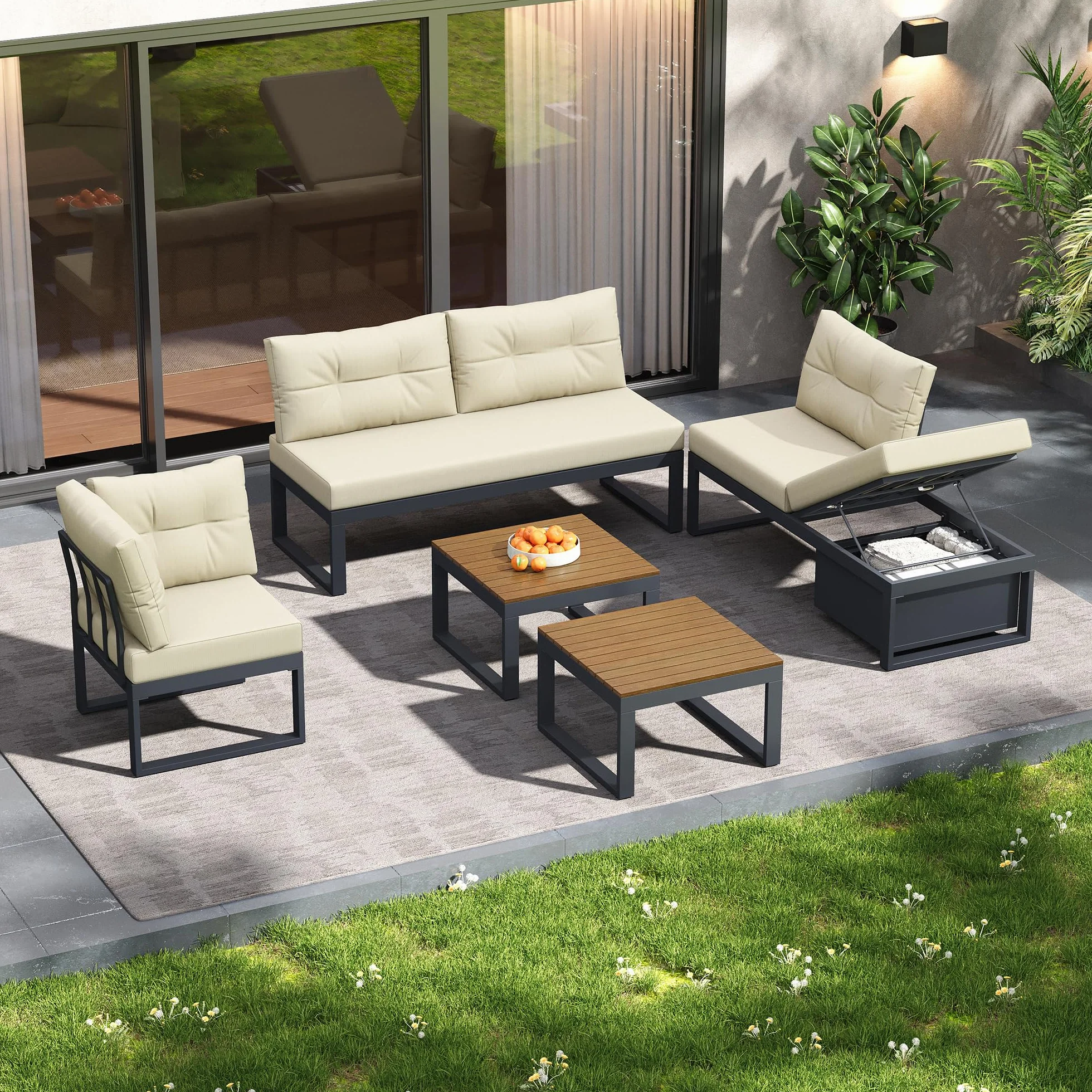 Sapgaks Salon de Jardin pour 6 Personnes,Ensemble de canapés de extérieur avec Dossier réglable sur 3 Niveaux,Canapé d'angle de Jardin avec Table,Espace de Rangement et Fonction d'inclinaison,Beige