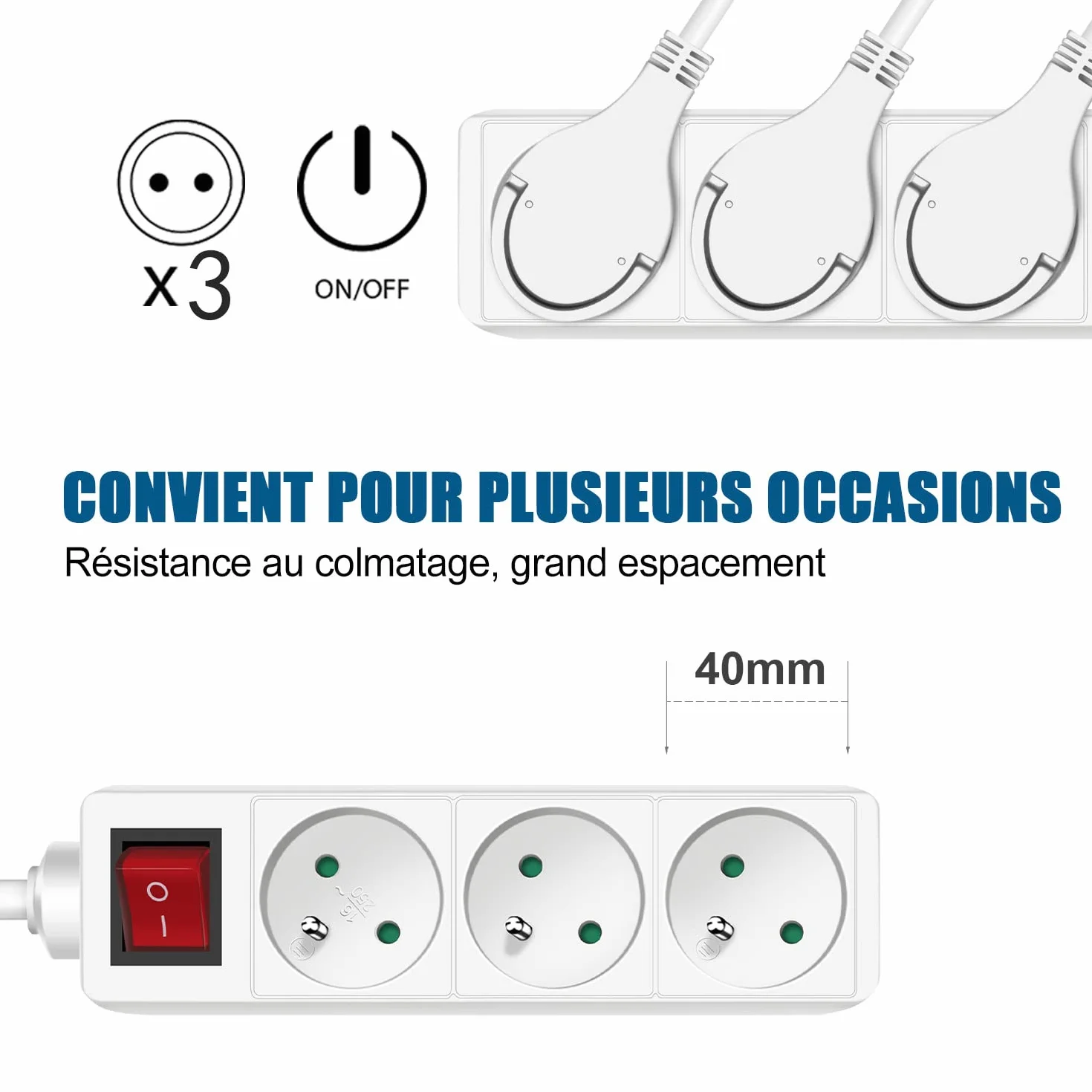 Extrastar Bloc 3 Prises avec Interrupteur Rallonge 1.5m 230 V Sécurité Enfant Blanc