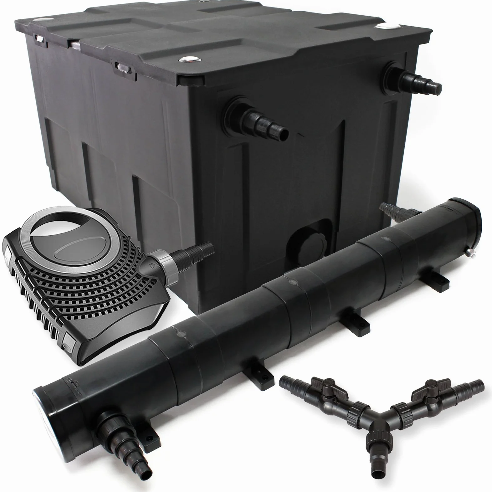 SunSun Kit complet: CBF-550 Filtre de bassin jusqu'à 60000 L Biologique, NEO10000 SuperECO pompe de filtration 10000l/h 80W, CUV-272 lampe uv UVC Clarificateur avec 72W, Y-distributeur