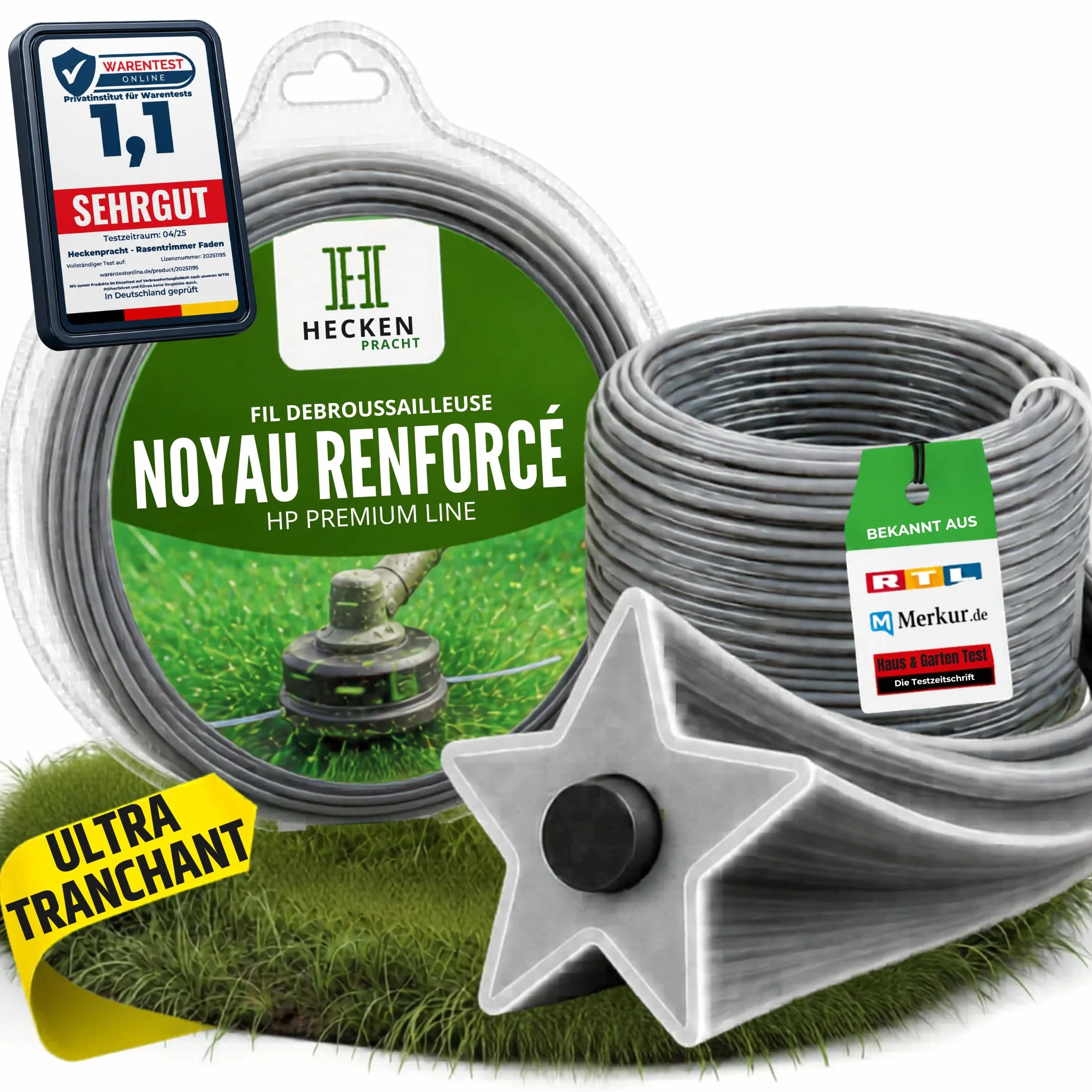 Heckenpracht® Fil débroussailleuse avec noyau renforcé 2mm x 50m | profil étoile extrêmement tranchant | fil pour débroussailleuse | fil pour rotofil