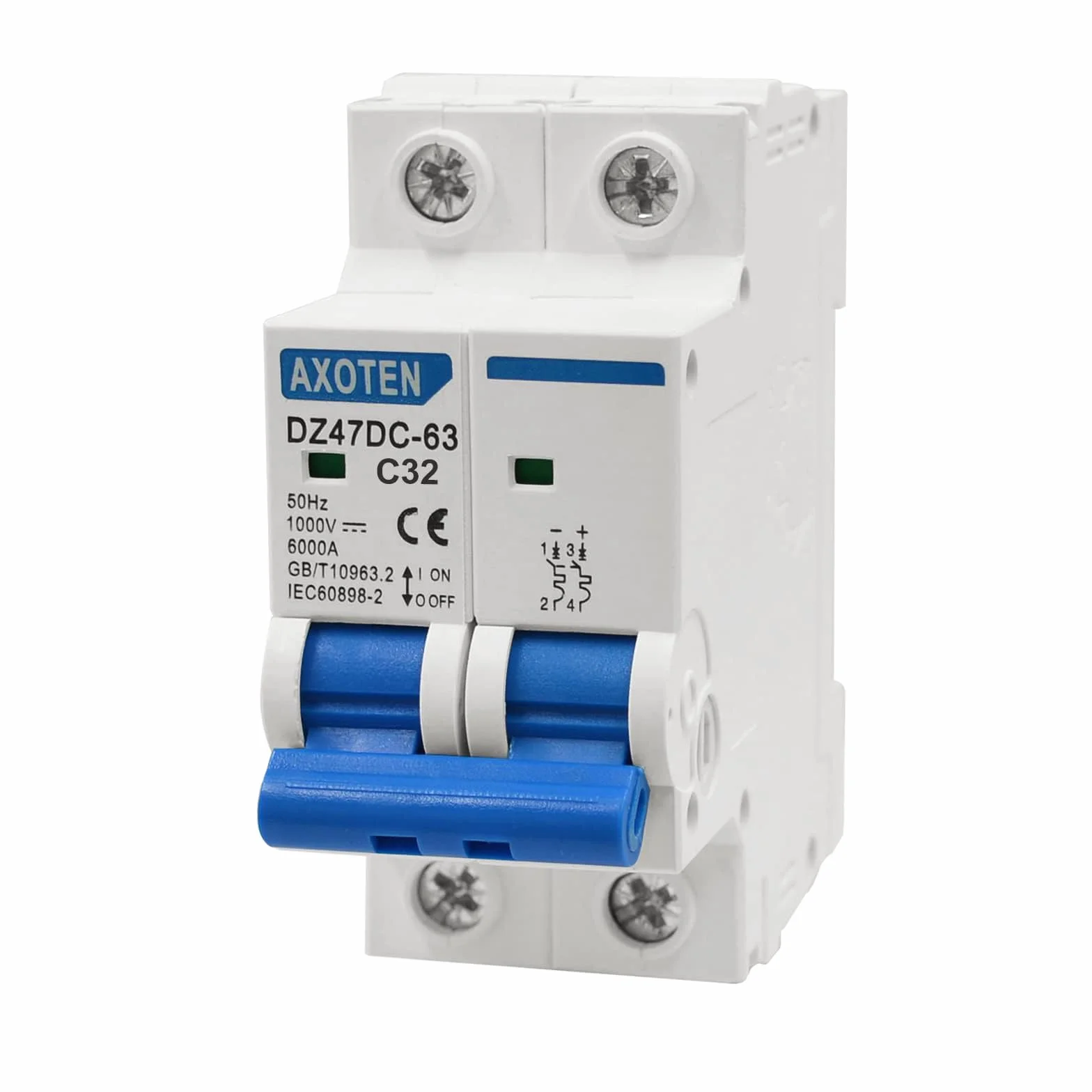 Disjoncteur DC 1000V 2P 32A Interrupteur Coupure pour Batteries Solaires Photovoltaïques 35mm Rail DIN