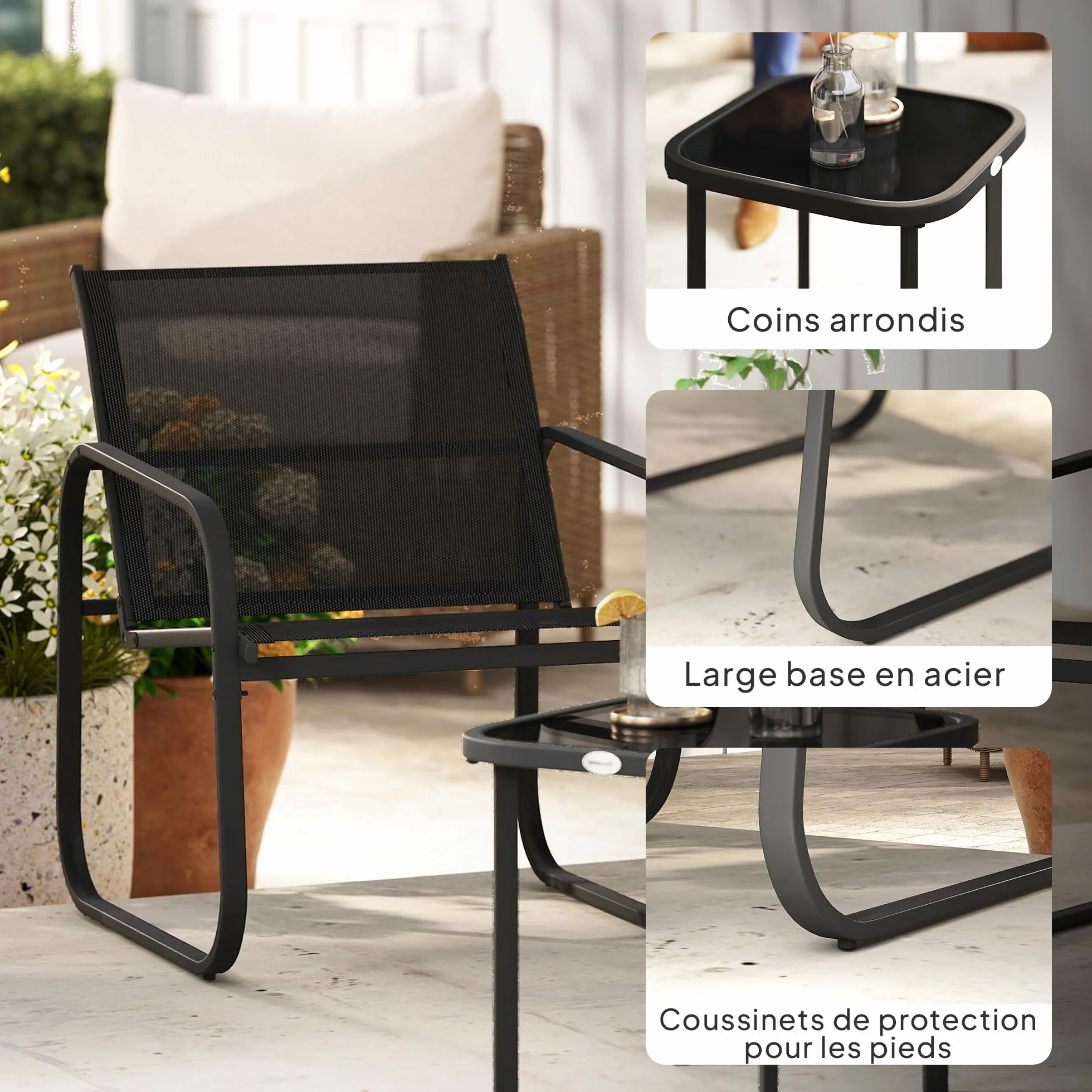 Outsunny Ensemble Bistrot Jardin 3 Pièces, Salon Extérieur 2 Personnes, Chaises Maille Table Basse Verre Trempé Noir