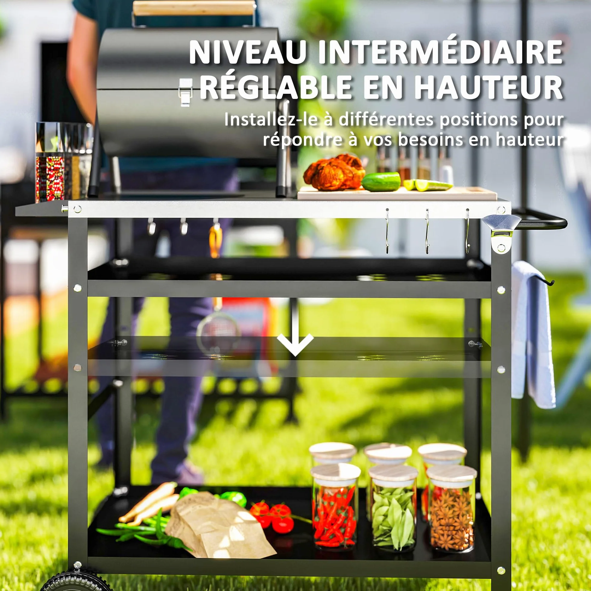 Outsunny Desserte Plancha Extérieure Acier Inoxydable Chariot Barbecue 100x52x80cm Noir