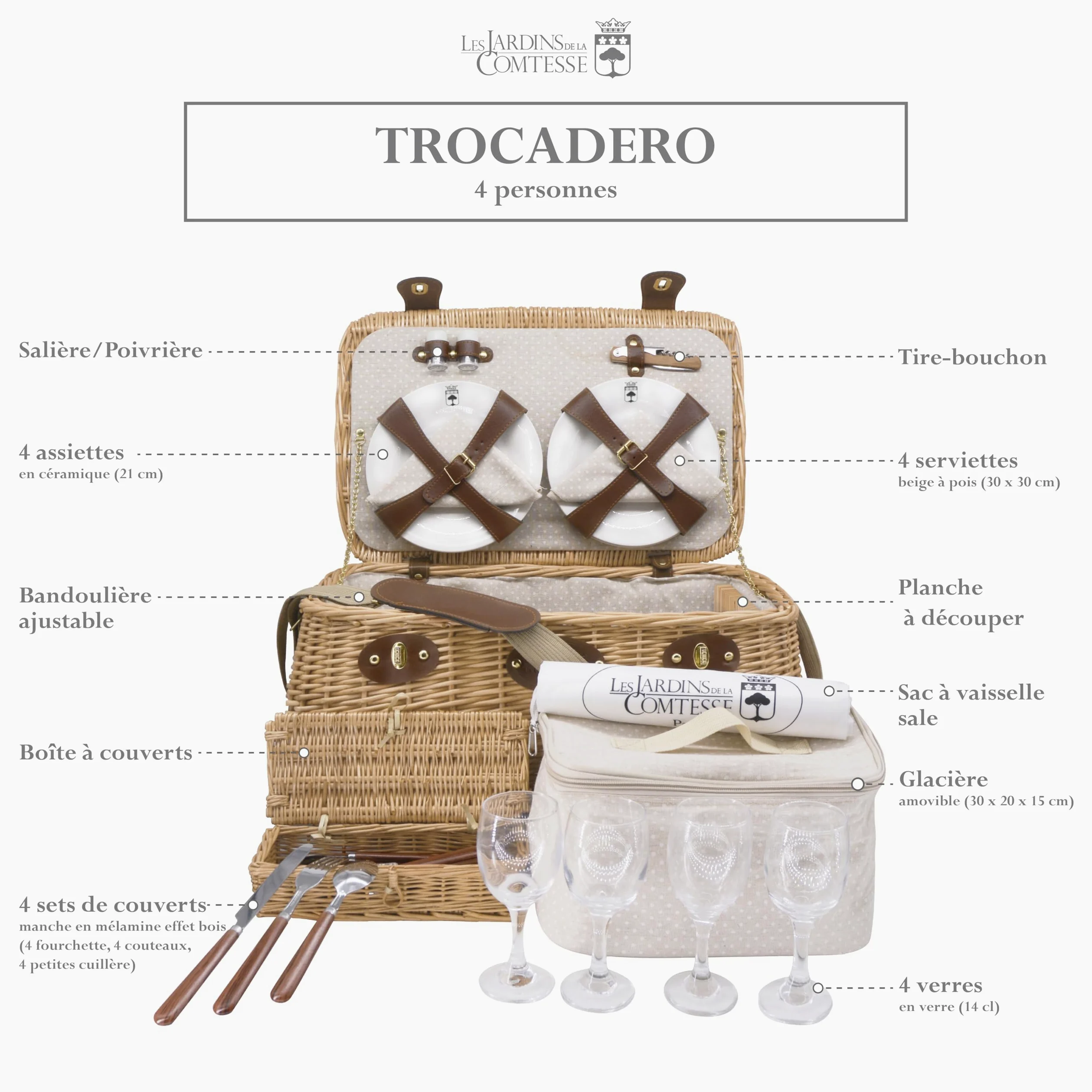 Les Jardins de la Comtesse - Panier Picnic Trocadéro - Complet pour 4 Personnes - Compartiment Amovible - Assiettes en Céramique et Verres à Vin en Verre - Tissu Beige à Pois Blancs - 50 x 33 x 25 cm