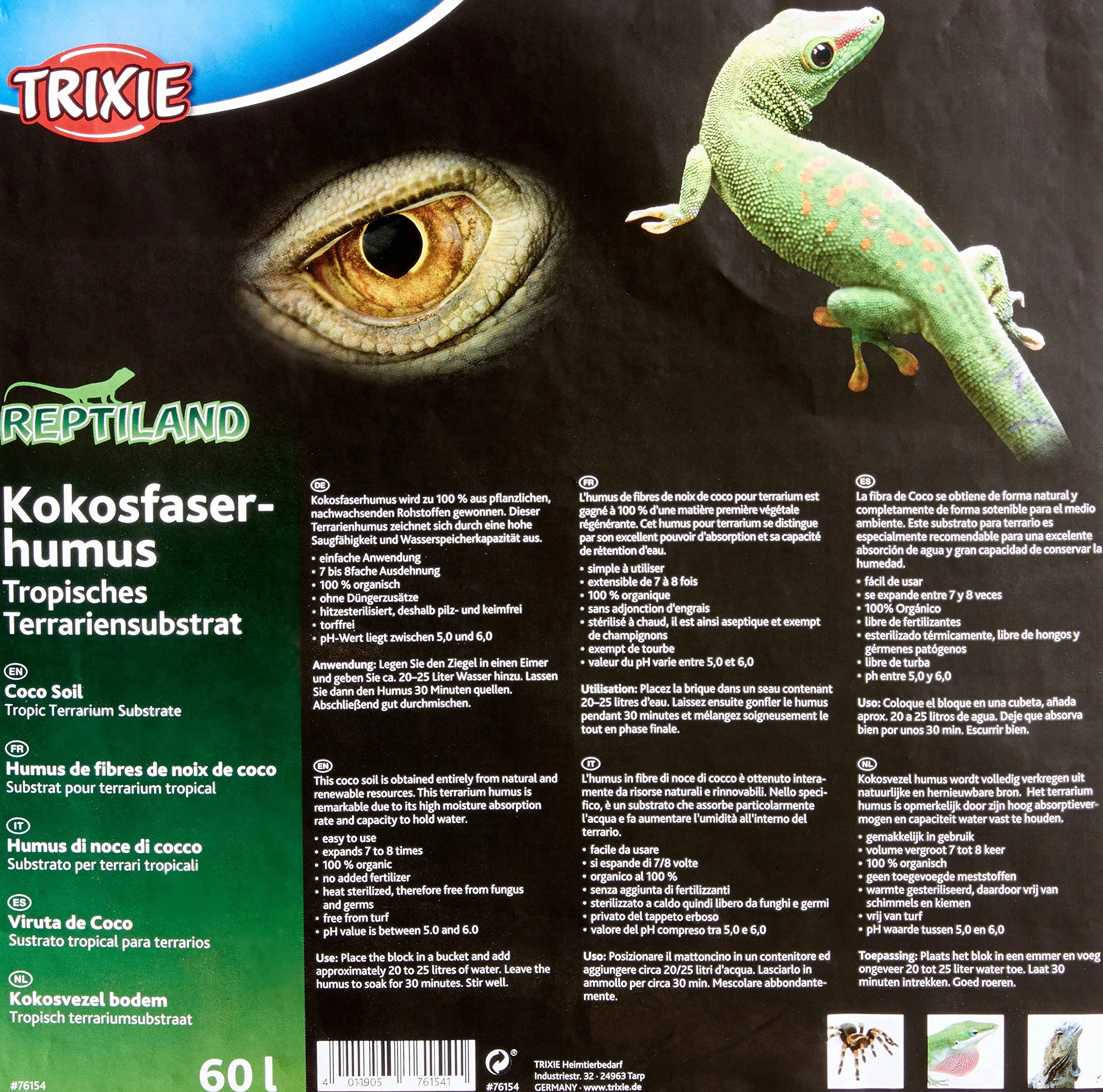 Trixie Terreau de Fibre de Coco pour Terrarium – Compressé, Donne 60 l – pH 5,0–6,0 – Stérilisé à la Chaleur, sans moisissures, sans Engrais – Durable