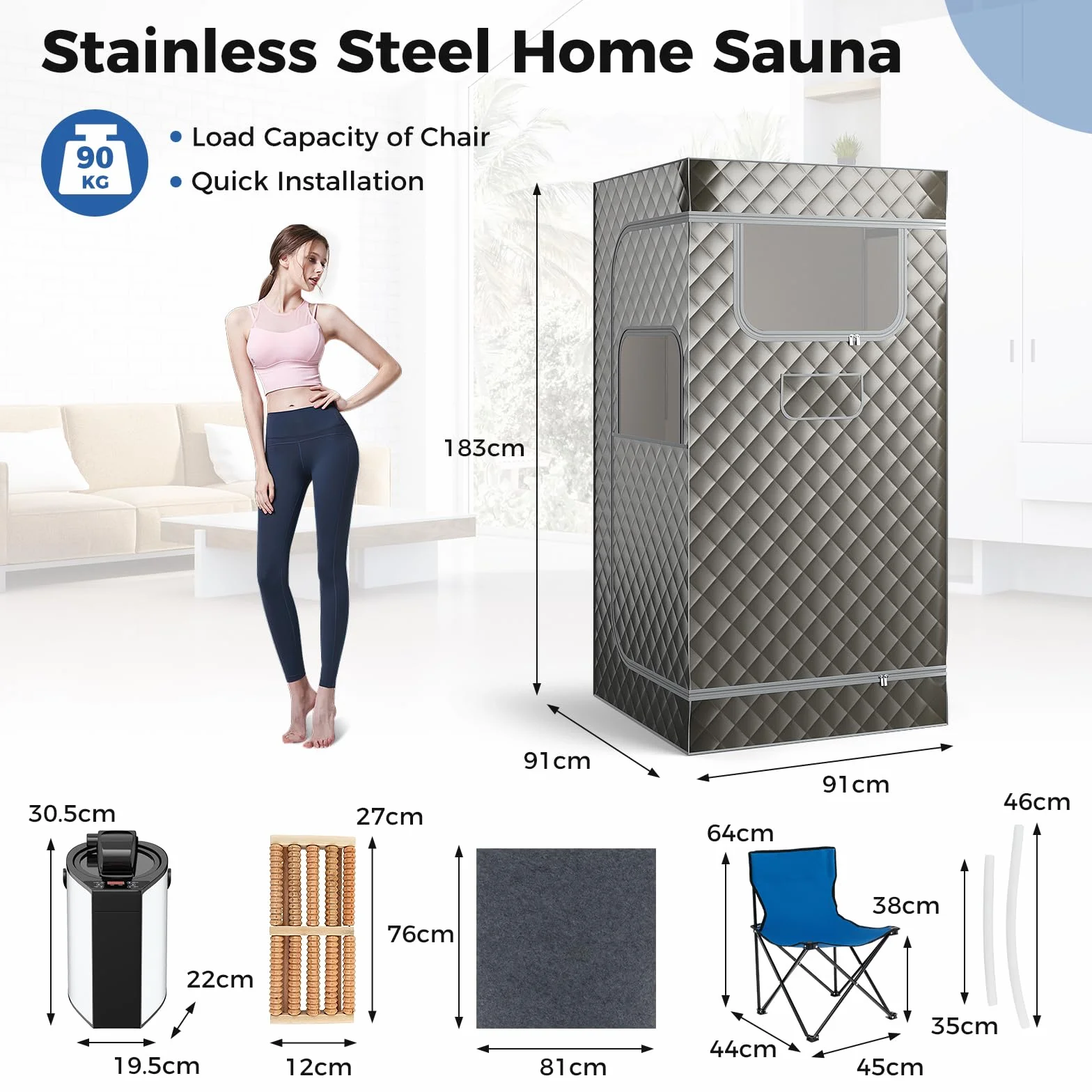 HOMASIS Sauna à Vapeur Portable 3L avec Générateur, Télécommande, 9 Niveaux de Température, Chaise Pliante Gris