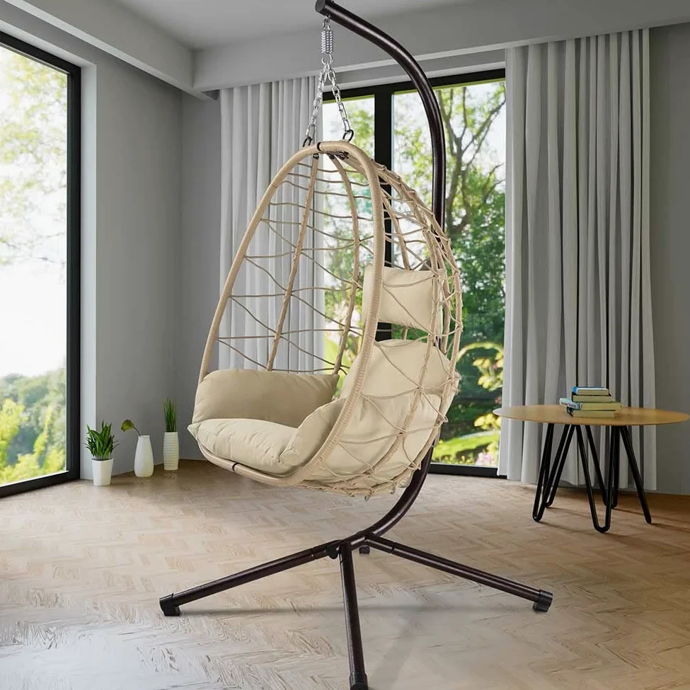 Bakaji Fauteuil Suspendu de Jardin, Chaise balançoire hamac d'extérieur Structure en métal nid en rotin et Corde + Coussin rembourré et appuie-tête Design Moderne 198 x 110 x 95 cm (Beige)