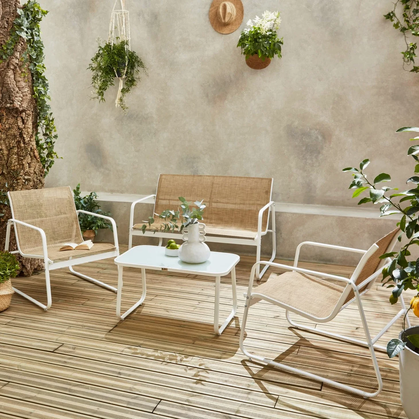 Alice's Garden - Salon de Jardin en métal et textilène pour 4 Personnes. Blanc et Naturel. Design