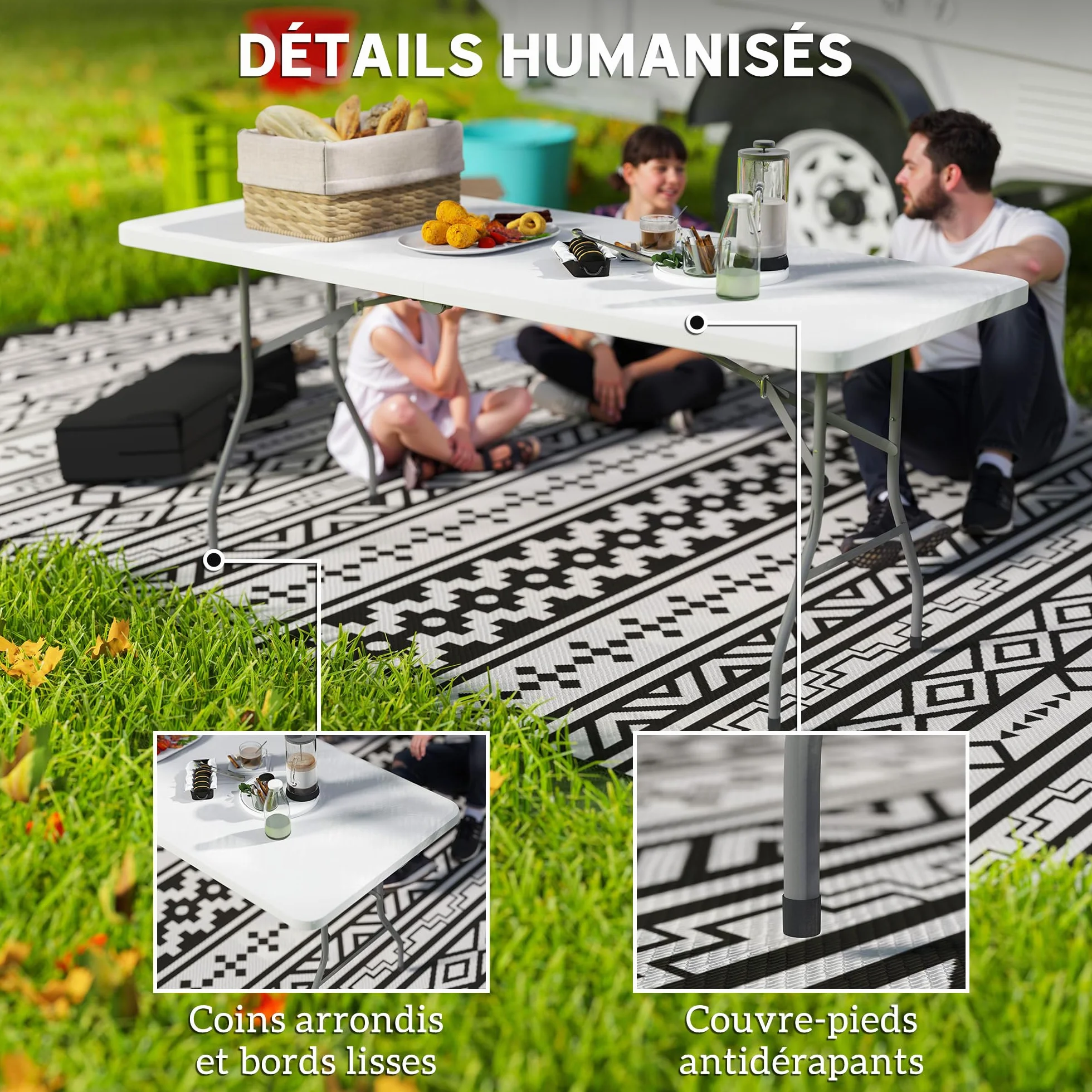 Outsunny Table Pliante HDPE 180x74x74 cm Camping Extérieur Blanc