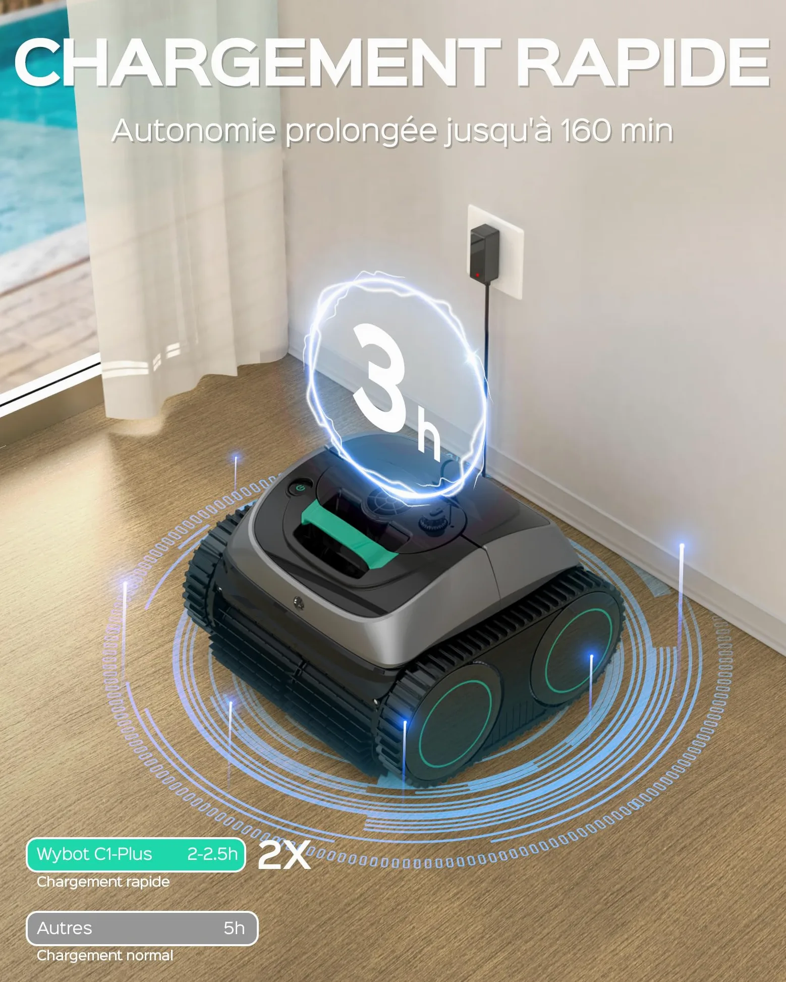 WYBOT C1-Plus Robot Piscine sans Fil Robot Piscine pour Piscines Enterrées & Hors Sol - Nettoyeur 4-en-1 Paroi & Ligne d'eau 160min/160m², Navigation Intelligente, App-Vert Olive Clair