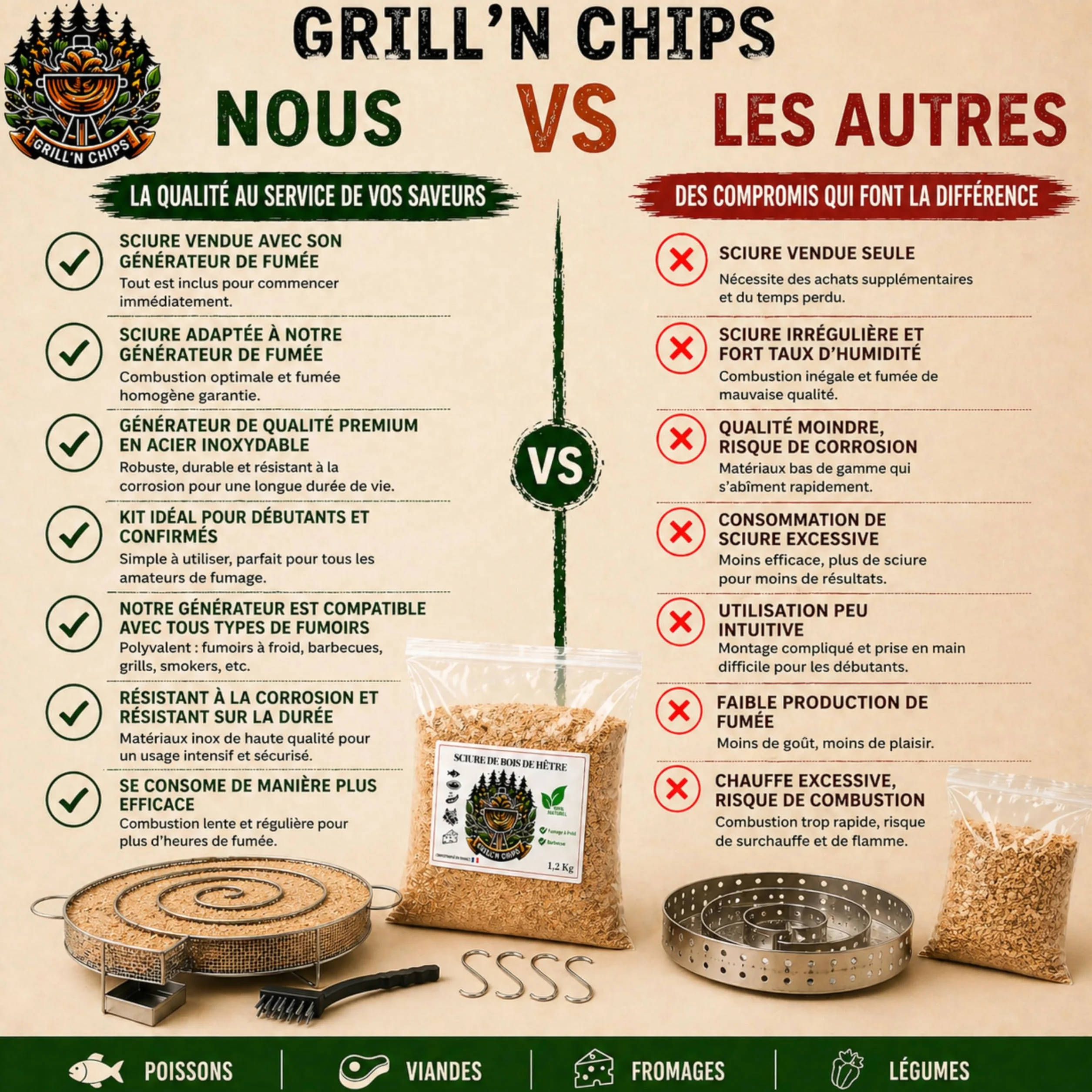 Générateur/Serpentin de Fumée Froide pour Fumoir Viande et Poisson + 1.2kg de Sciure de bois de hêtre + 4 crochets et 1 Brosse de nettoyage - Guide Numérique PDF à Télécharger (Offert)