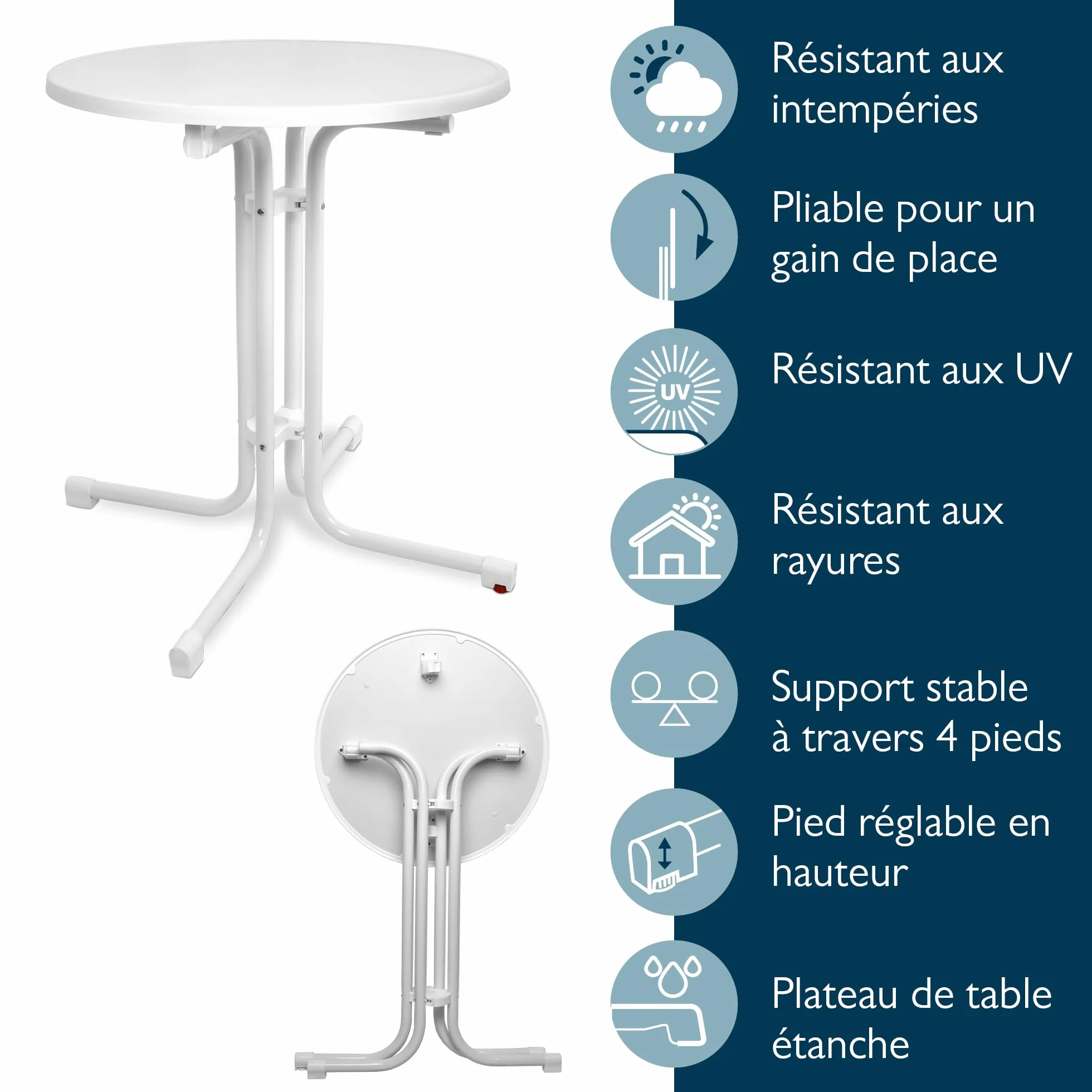 Beautissu Table Bistrot Extérieur Ronde Ø 70 cm Pliante Blanc