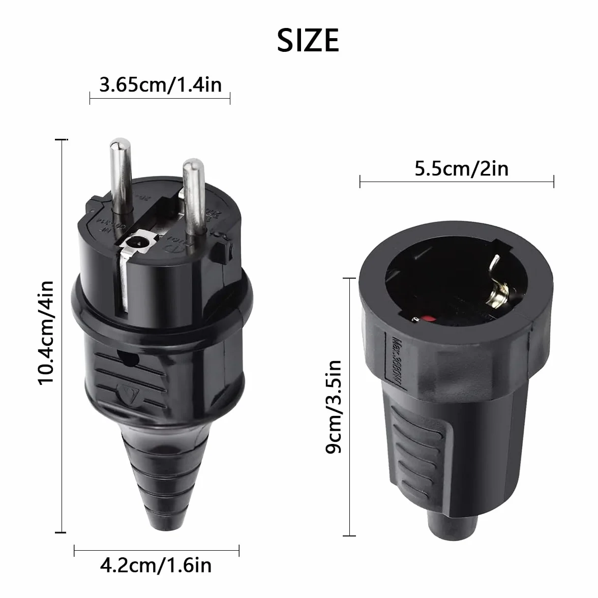 Fiche Électrique Mâle + Prise Femelle 250V 16A IP44 Caoutchouc Noir