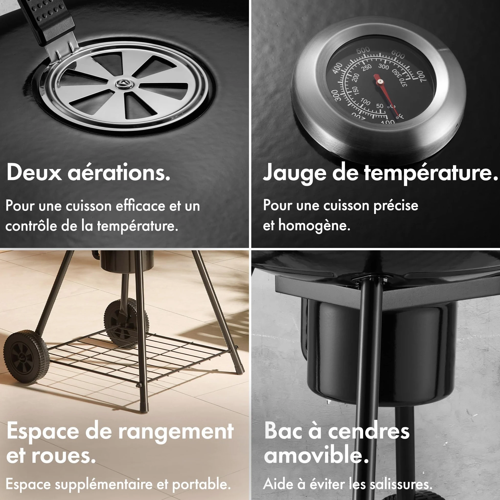 VonHaus Barbecue au Charbon 22.5" – Barbecue Portable avec Grille de Maintien au Chaud, Thermomètre, Étagère, Roues, Couvercle Verrouillable, Bac à Cendres et Grande Grille pour Viande et Légumes