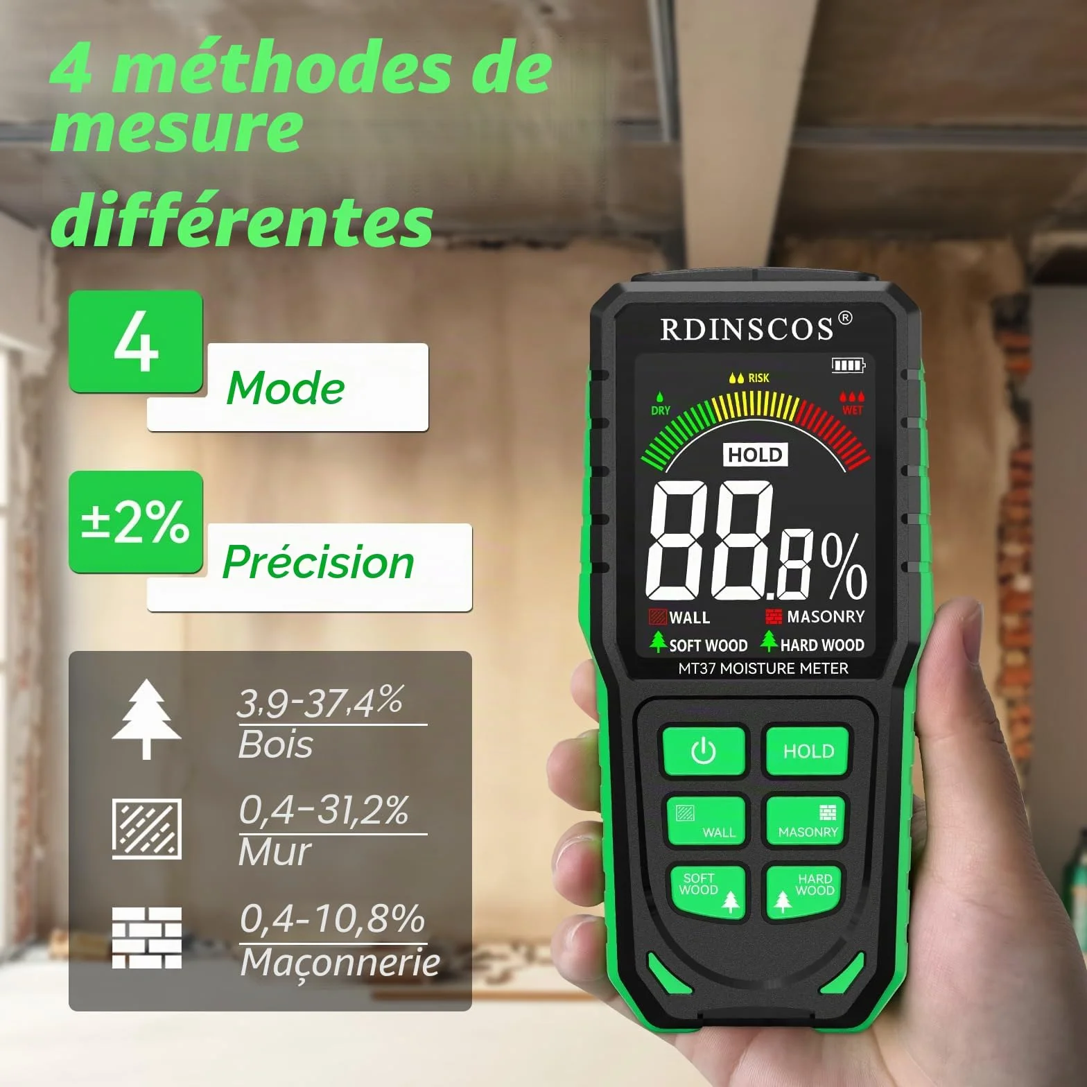 Testeur Humidité Non Destructif Rechargeable Détecteur Mur Humidimètre avec Alarme Automatique pour Béton Bois Maçonnerie